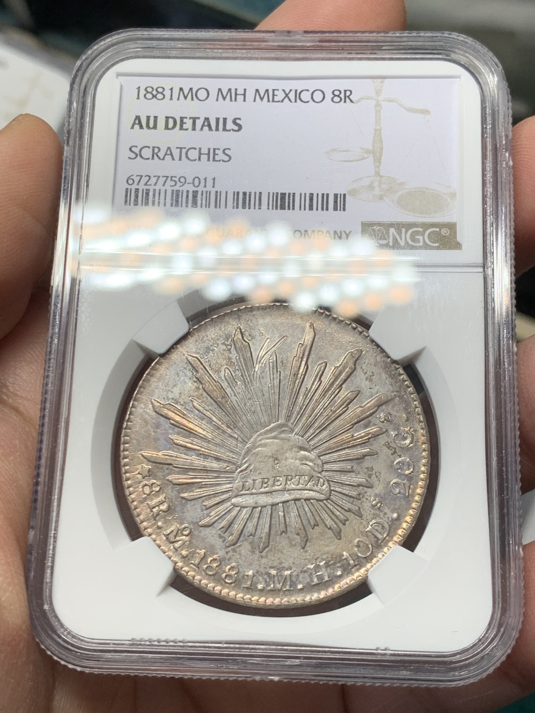 《竞宝斋》第146场-周日，周一 2场 (全场包邮) NGC AU 墨西哥 1881年 8R 花边鹰洋 PL底板 羽毛好 可惜有划