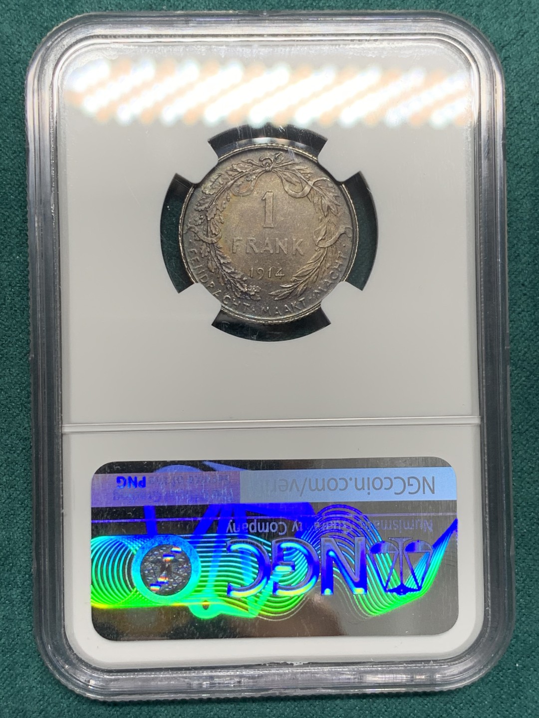 《竞宝斋》第146场-周日，周一 2场 (全场包邮) NGC-MS64 比利时1914年阿尔贝托国王 1法郎银币 五彩包浆非常漂亮