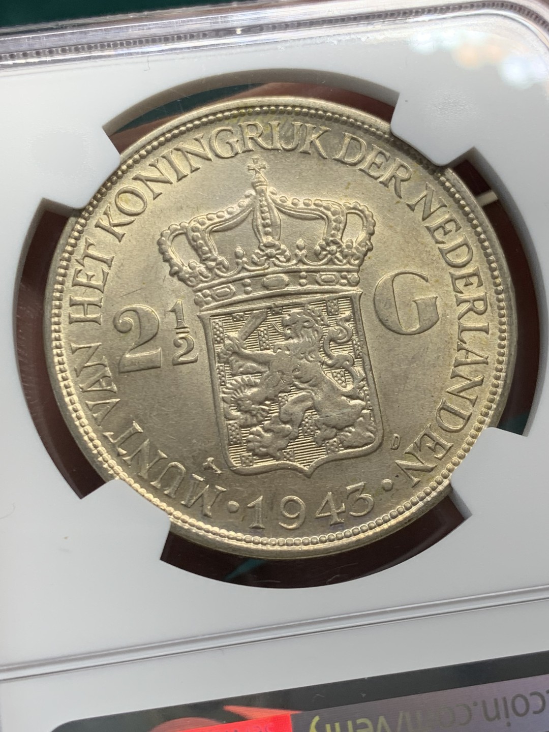 《竞宝斋》第146场-周日，周一 2场 (全场包邮) NGC-MS62 荷属东印度殖民地 1943年 女王威廉米娜2.5盾大银币 原光好品