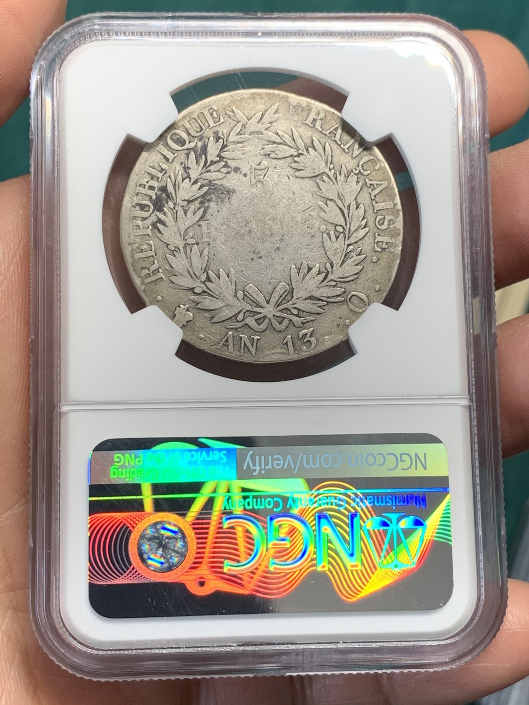 《竞宝斋》第146场-周日，周一 2场 (全场包邮) 第三名 NGC-VG8 法国AN13年 佩皮尼昂造 5法郎拿破仑一世 大银币 稀少厂名 罕见