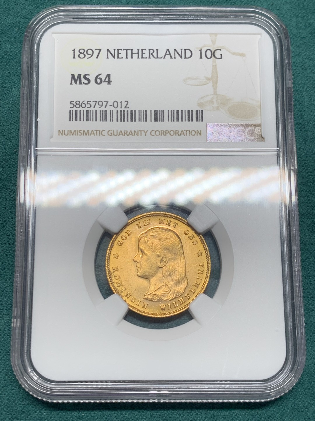 《竞宝斋》第146场-周日，周一 2场 (全场包邮) NGC MS64 荷兰 1897年 小萝莉 威廉明娜女王 金币 达到BU宝石光  热门品种，持续上涨行情