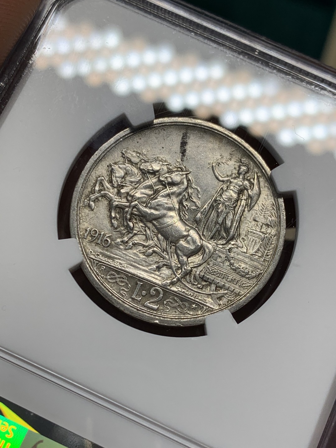 《竞宝斋》第146场-周日，周一 2场 (全场包邮) NGC-MS62 意大利1916年 胜利马车 2里拉银币 原光好品