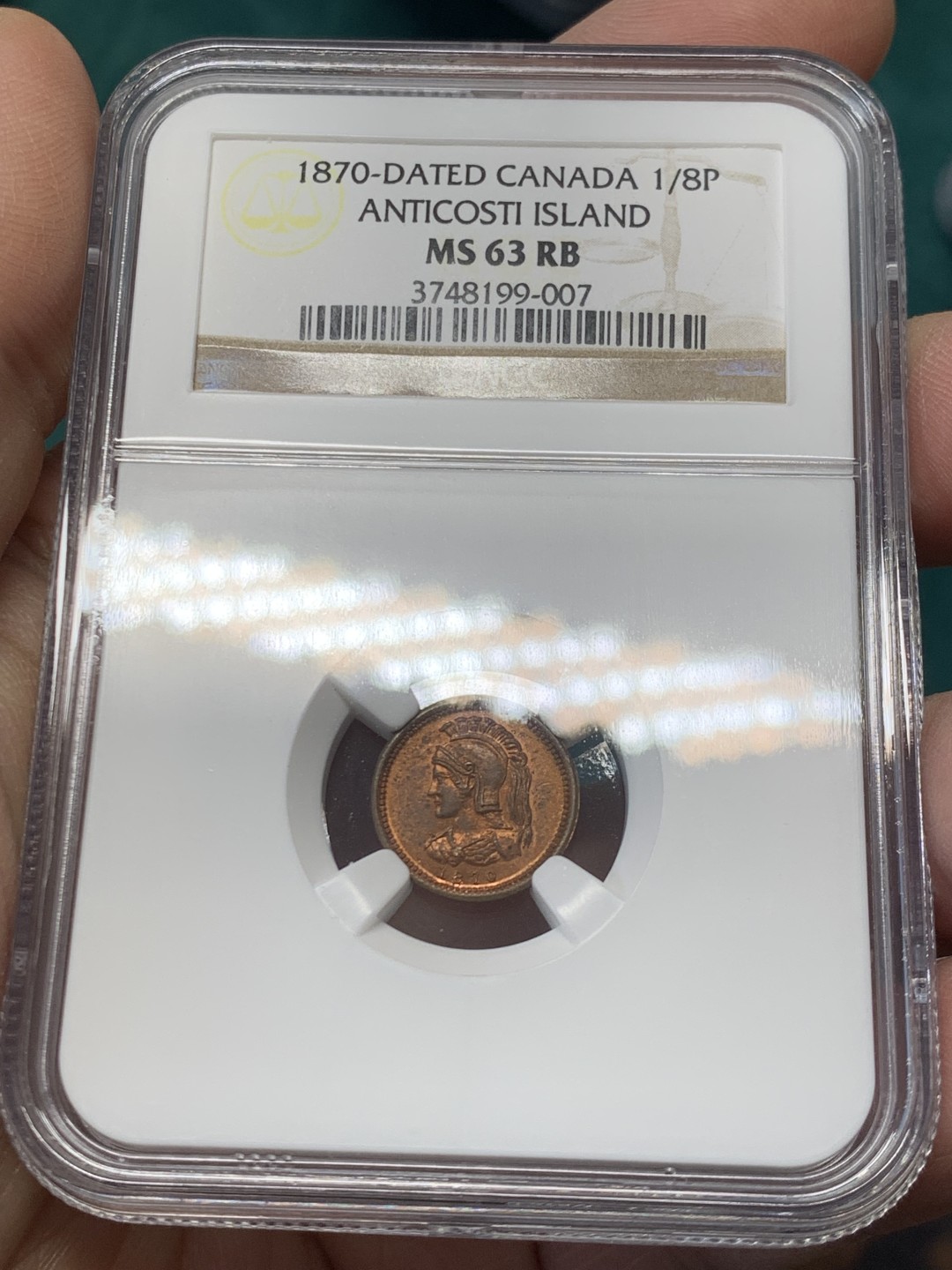 《竞宝斋》第146场-周日，周一 2场 (全场包邮) NGC-MS63RB 英属安蒂科斯蒂岛1870年1/8便士 大不列颠在加拿大魁北克的殖民地，稀缺品种