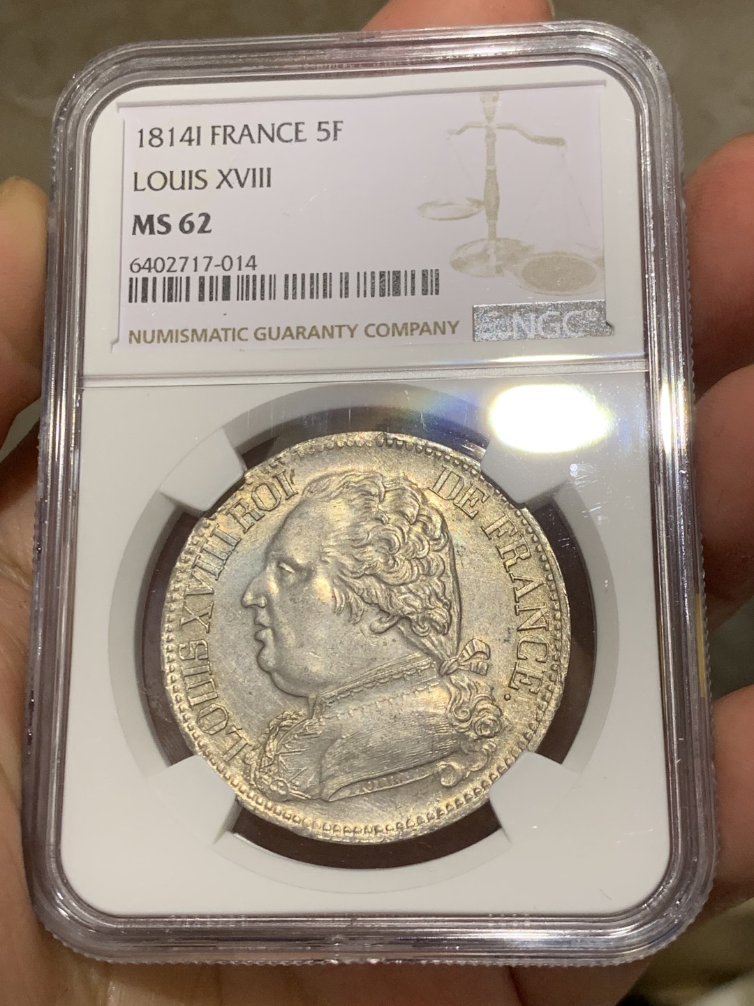 《竞宝斋》第146场-周日，周一 2场 (全场包邮) NGC MS62 法国 1814年I版 路易十八 戎装版 5法郎银币 只有铸造了两年 极少品种