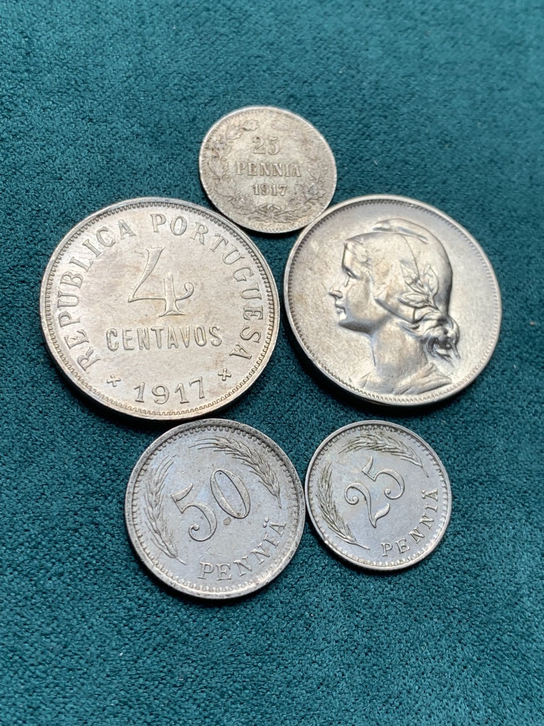 《竞宝斋》第146场-周日，周一 2场 (全场包邮) 葡萄牙1917/1919 20分镍币各一枚+芬兰1940年 25分 50分芬尼+ 俄占芬兰1917年 25芬尼