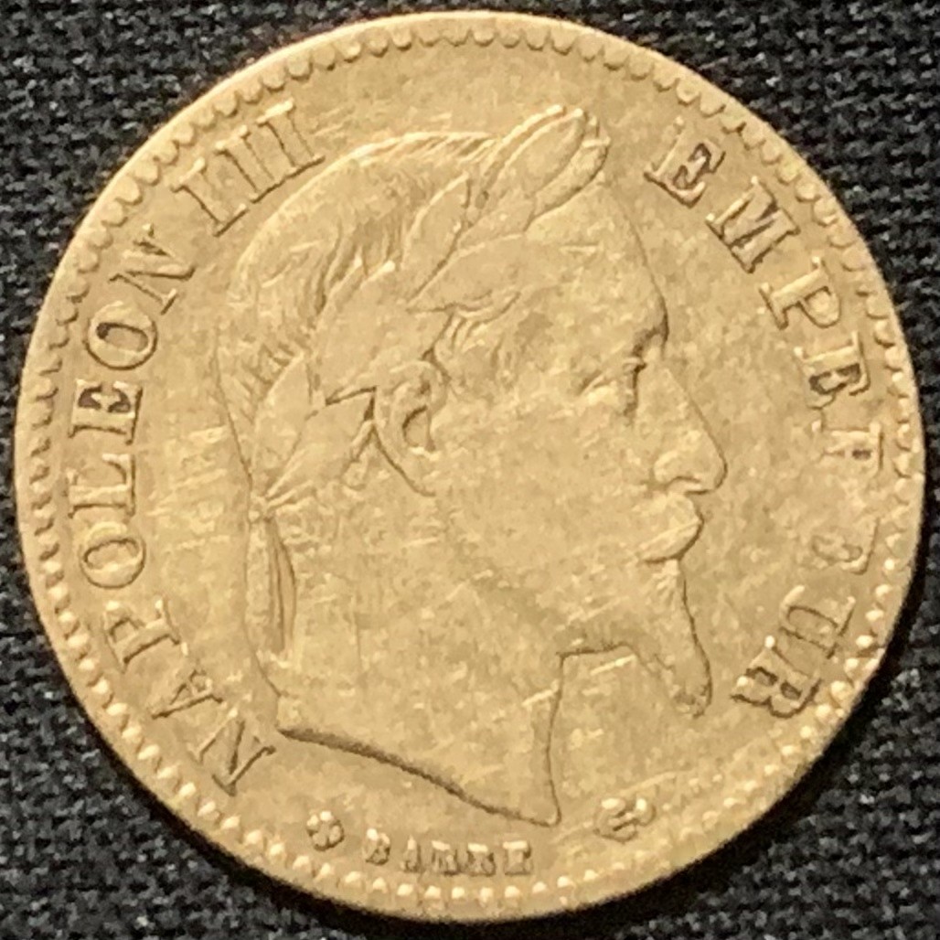 紫瑗钱币——第264期拍卖  法国 1866年 BB版 拿破仑三世 10法郎 3.225克 0.9金