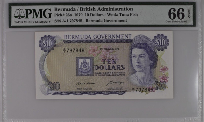 收藏联盟Quantum Auction 第242期拍卖  百慕大1970年10元 PMG66 首发A/1冠