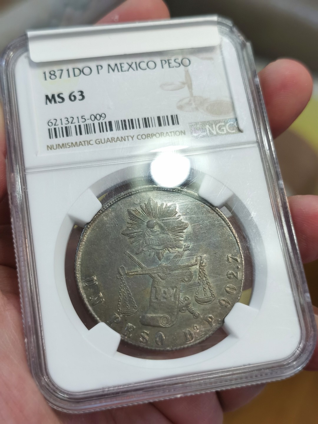 博洋堂“臻选之作”世界钱币精品专场暨第020期（全场包邮） NGC MS63 墨西哥1871年DO P版天平鹰洋 深五彩包浆 版别与品相完美结合 进阶藏家必选
