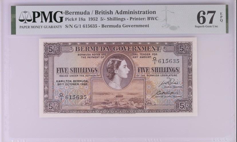 收藏联盟Quantum Auction 第242期拍卖  百慕大1952年5先令 PMG67 号码无4 初版首发年份 登基年份 稀少