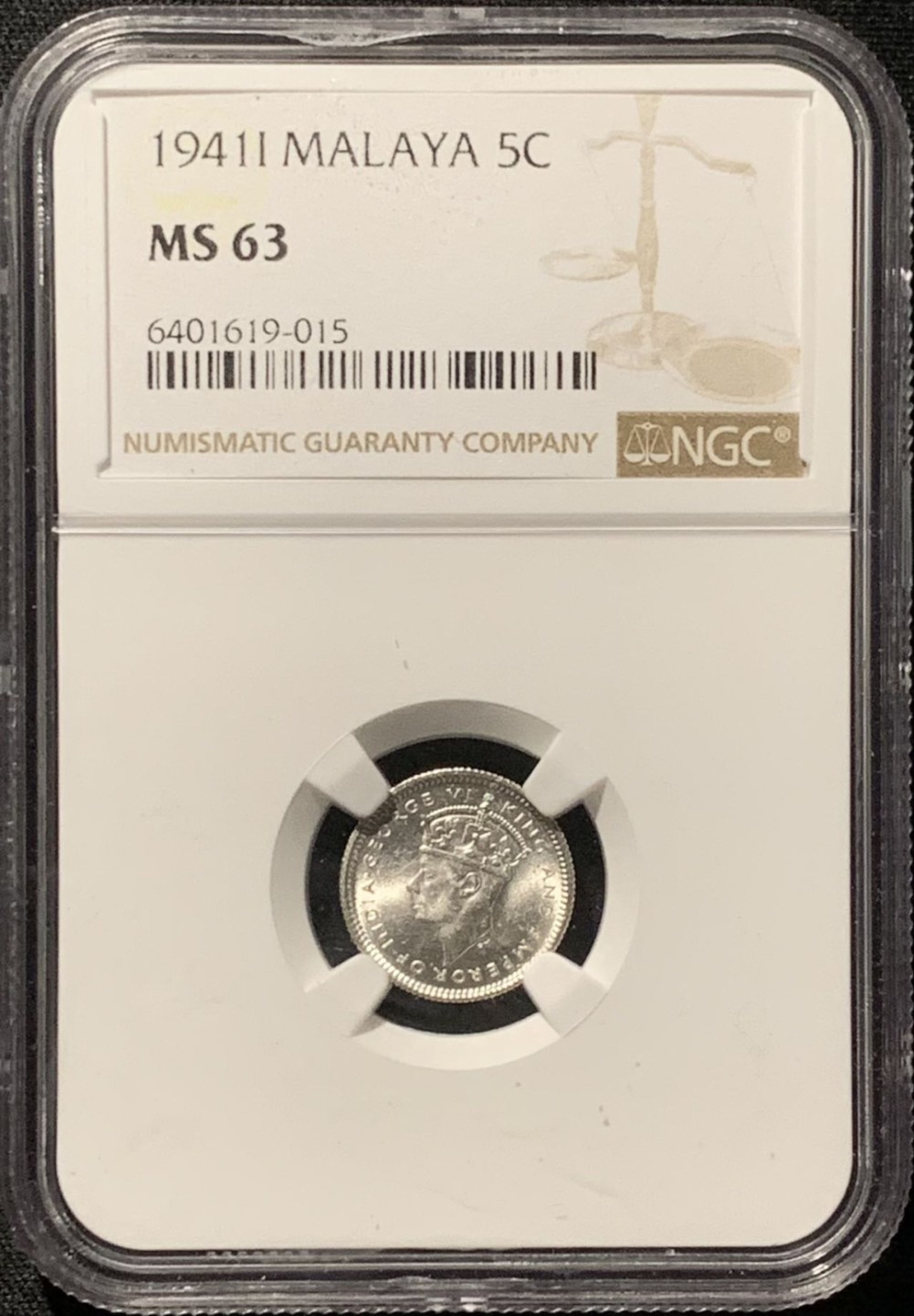 紫瑗钱币——第260期拍卖 马来亚 1941年 i版 乔治六世 5分 银币 NGC MS63