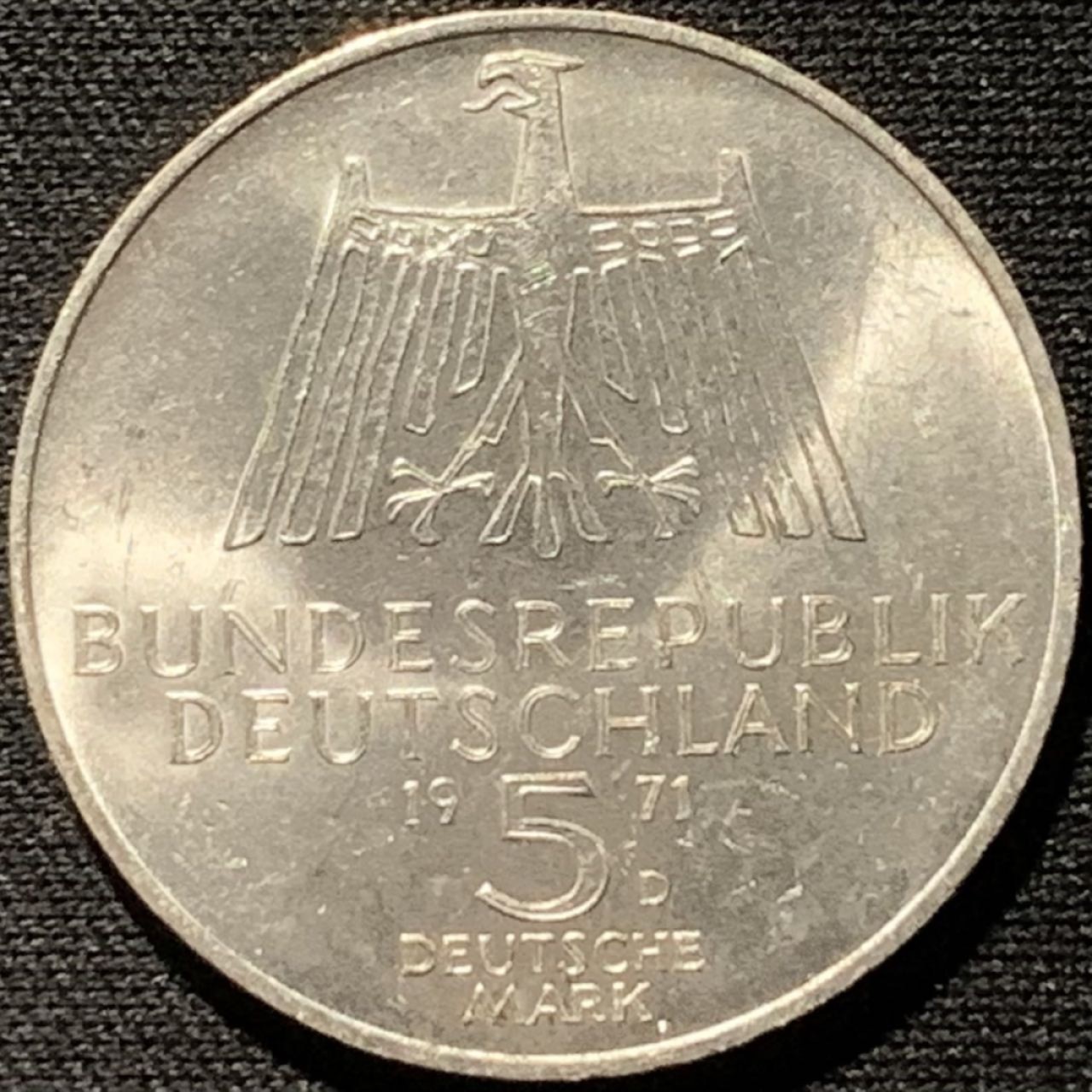 紫瑗钱币——第261期拍卖 联邦德国 1971年 D厂 丢勒逝世500周年 5马克 11.2克 0.625银 UNC