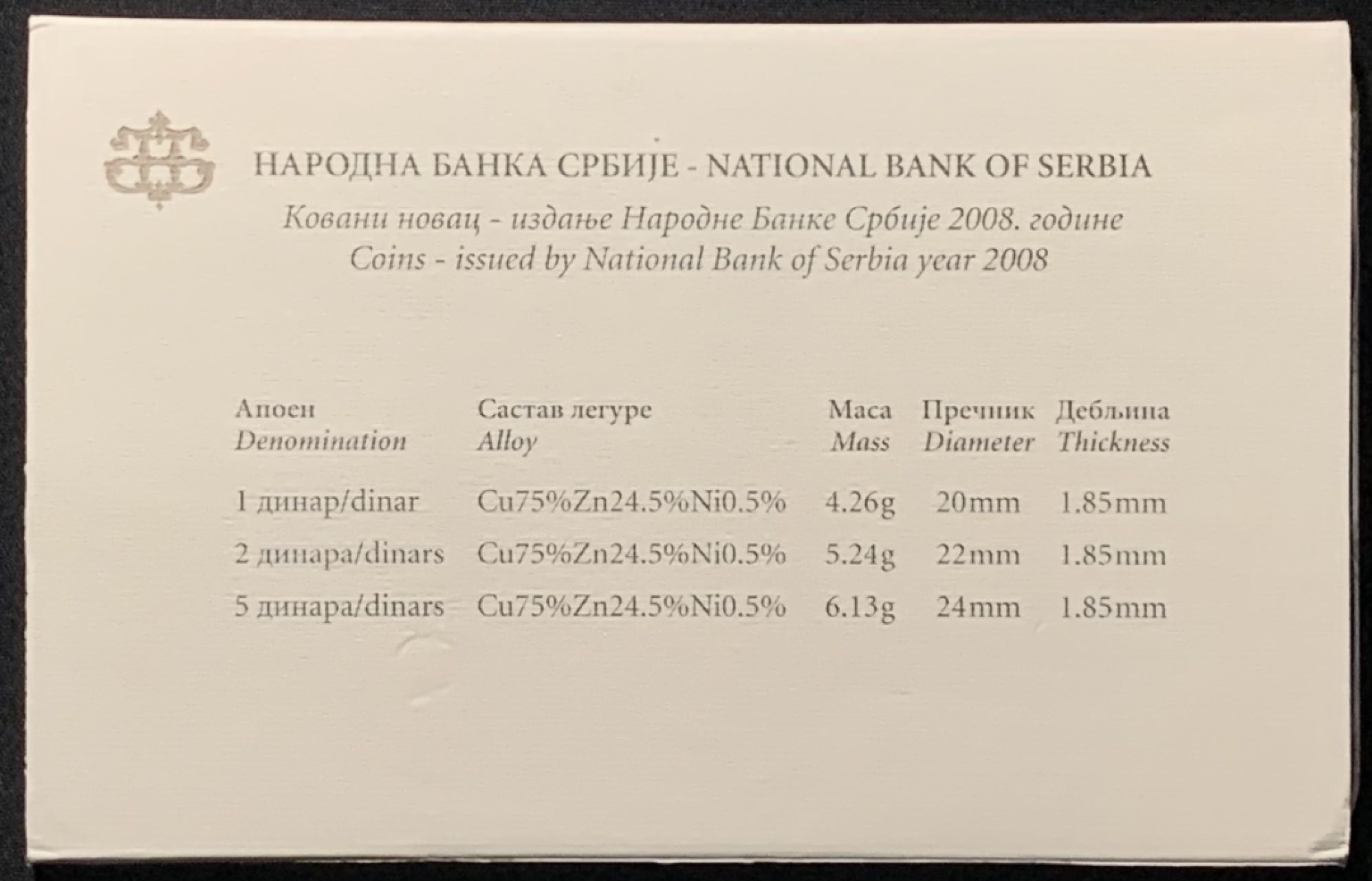 紫瑗钱币——第267期拍卖 塞尔维亚 2008年 流通币 1 2 5第纳尔 3枚套 原厂卡装 UNC
