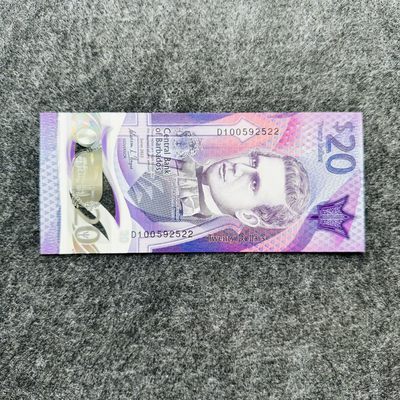 74th ¥¥ 🐰美洲钞3（靓号，获奖钞，Tyvek塑料钞） - 巴巴多斯2022年20元，流通纪念钞，D100冠，稀少的九位数（D100592522）