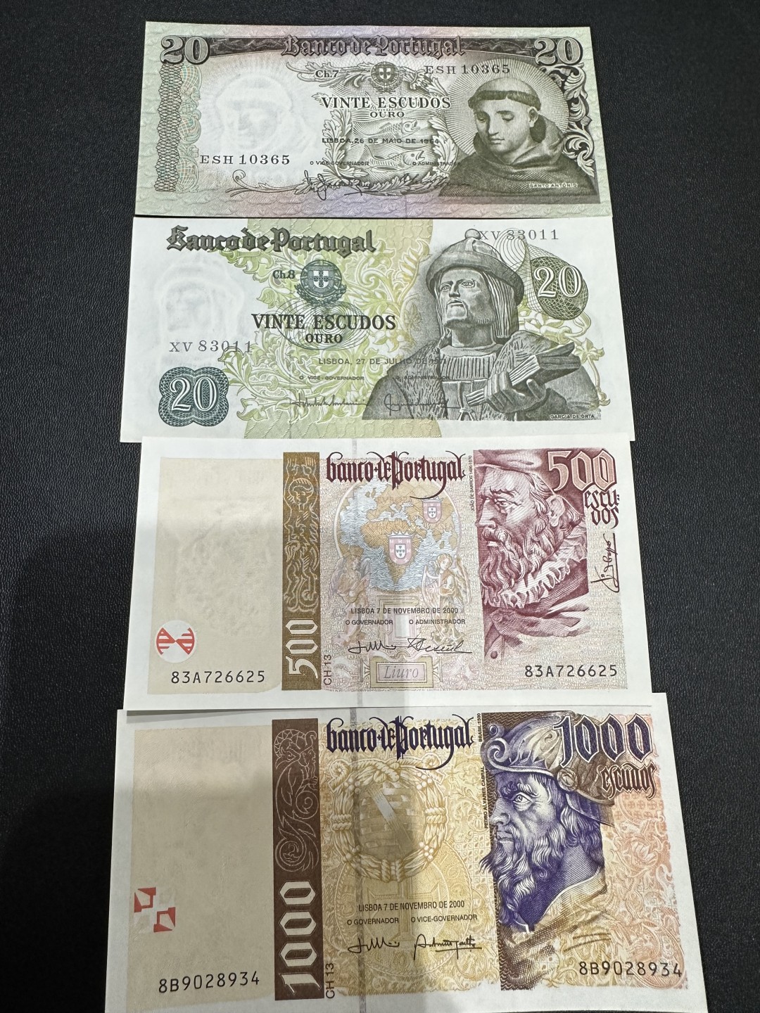《外钞收藏家》第二百五十四期（连拍第二场） 葡萄牙四张一起 全新 500面额轻微潮