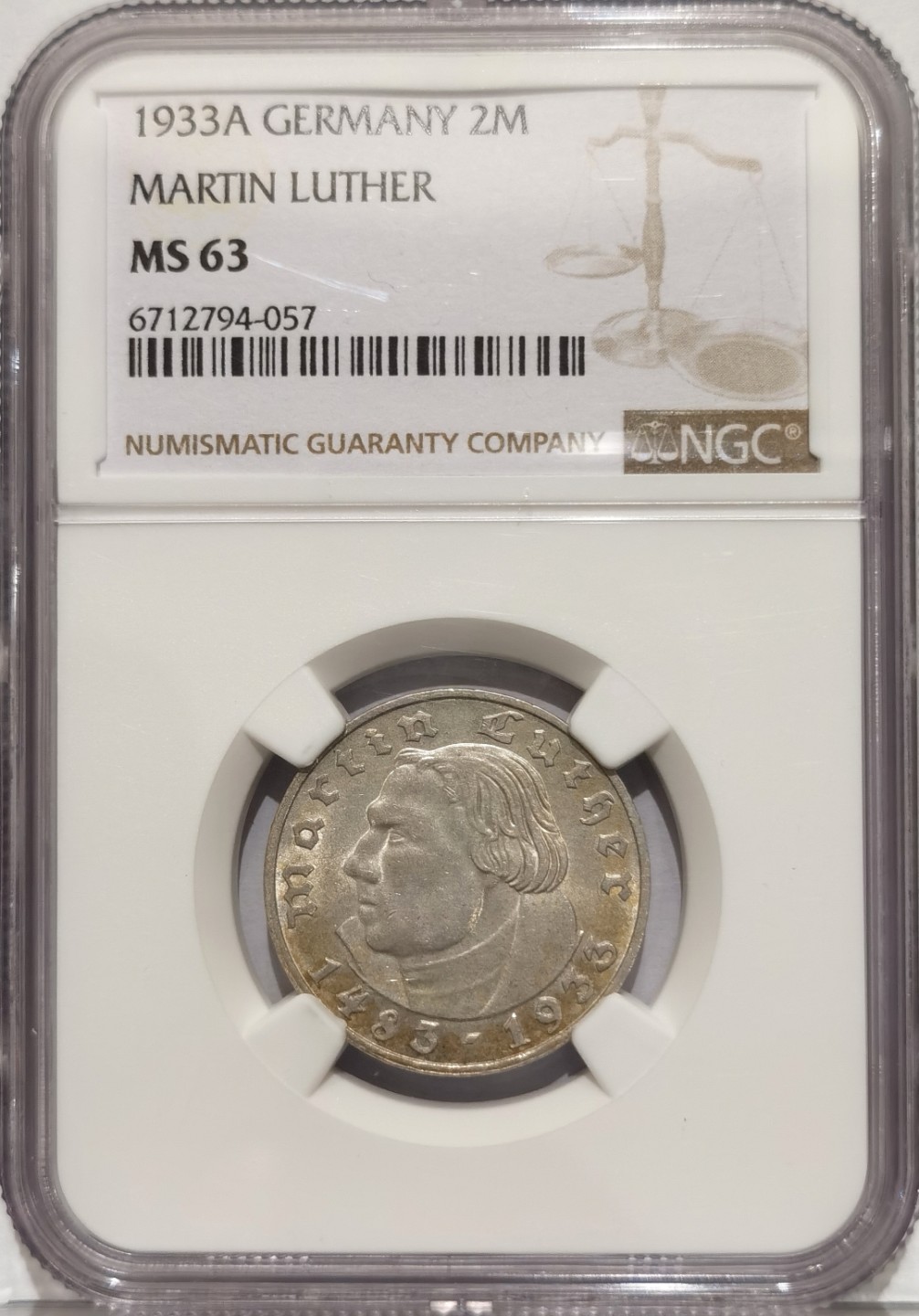 博洋堂“臻选之作”世界钱币精品专场暨第020期（全场包邮） NGC MS63 1933年德国第三帝国A版马丁路德2马克纪念银币