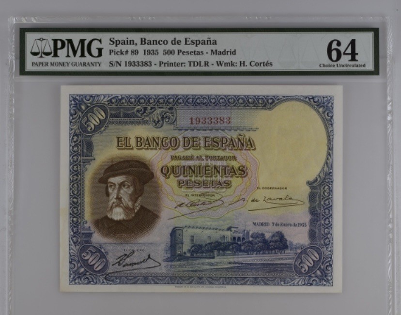 收藏联盟Quantum Auction 第242期拍卖  西班牙1935年500比塞塔 PMG64 征服者科尔斯科特