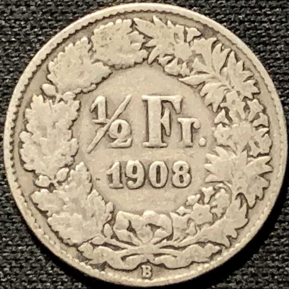紫瑗钱币——第261期拍卖 瑞士 1908年 赫尔维蒂亚 1/2法郎 2.5克 0.835银