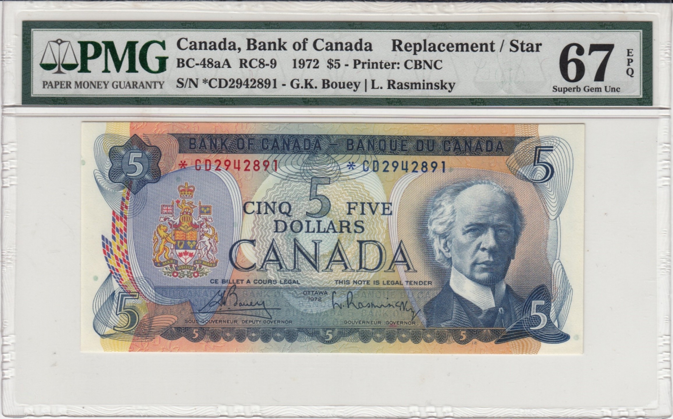 收藏联盟Quantum Auction 第243期拍卖 已更新 加拿大1972年5元 PMG67 补号的初版