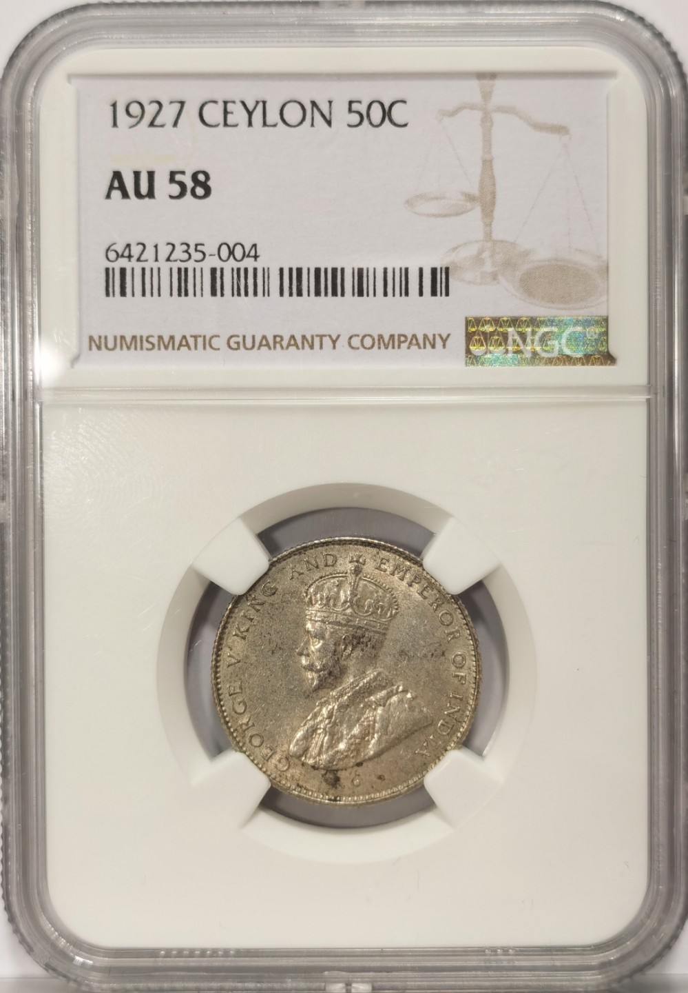 博洋堂“臻选之作”世界钱币精品专场暨第020期（全场包邮） NGC AU58 锡兰1927年50分银币，几十万的发行量，流通充分，有分不易，价格洼地。