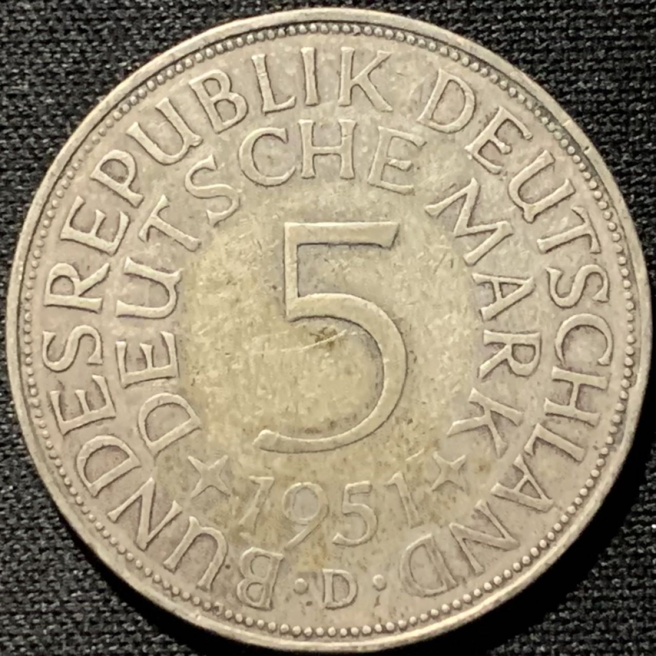 紫瑗钱币——第261期拍卖 联邦德国 1951年 D厂 流通 5马克 11.2 0.625银