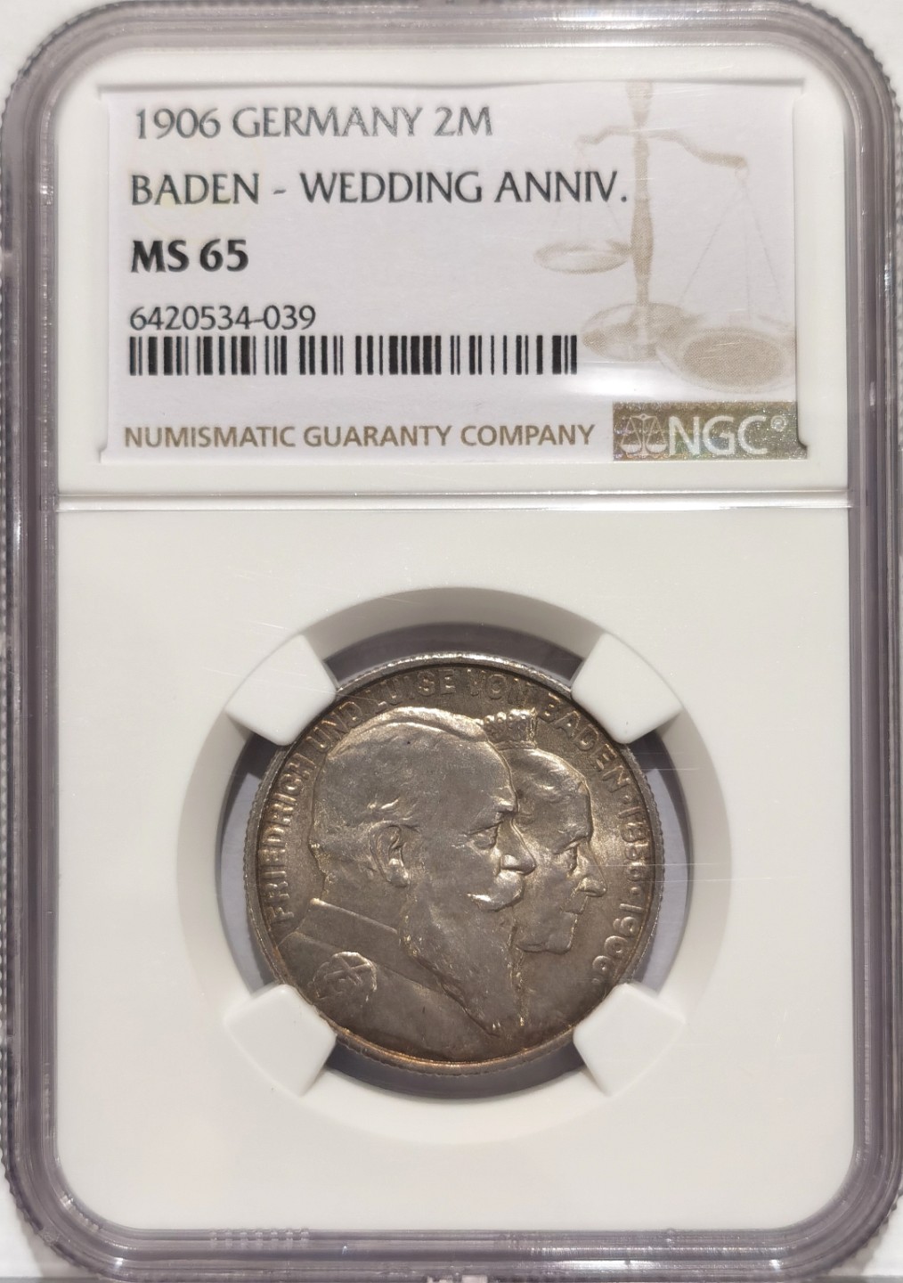 博洋堂“臻选之作”世界钱币精品专场暨第020期（全场包邮） NGC MS65 1906年德国巴登金婚2马克纪念银币