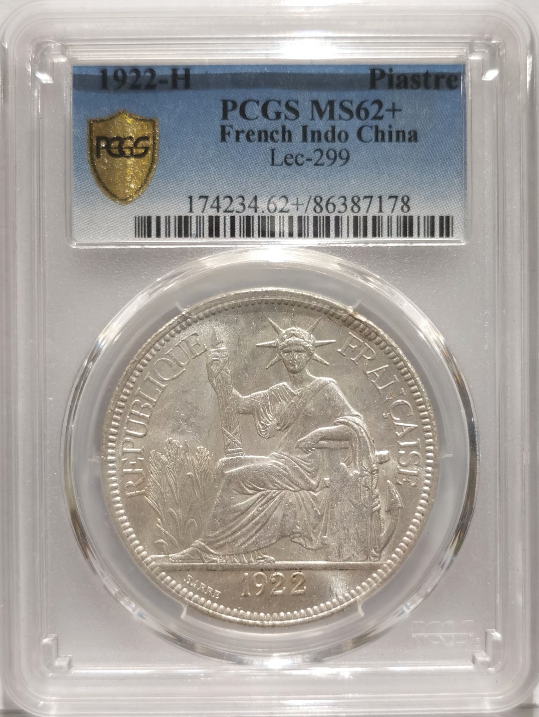 博洋堂“臻选之作”世界钱币精品专场暨第020期（全场包邮） PCGS MS62+ 1922年法属印支坐洋 热门好状态