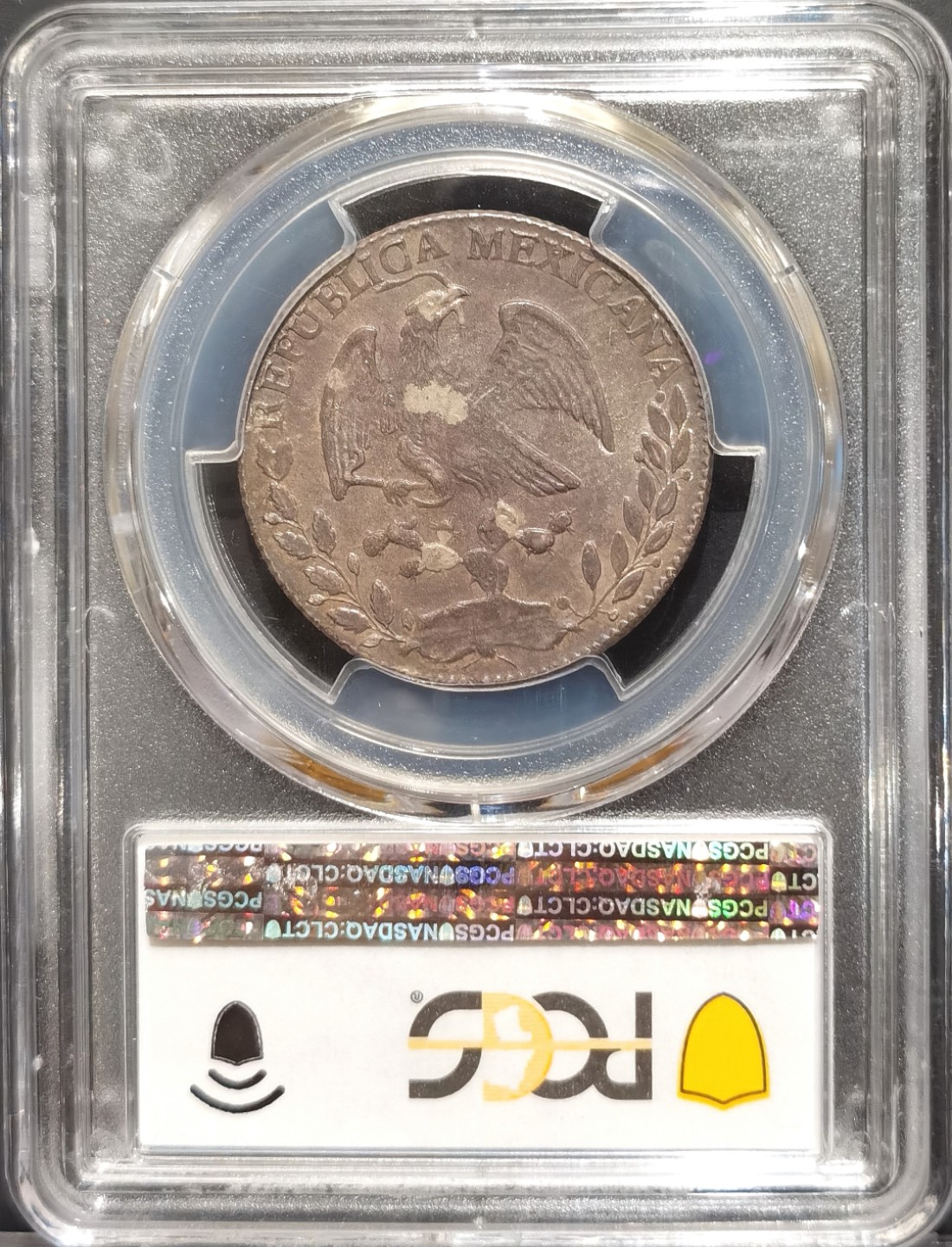 博洋堂“臻选之作”世界钱币精品专场暨第020期（全场包邮） PCGS AU58 墨西哥1863/53年Go YF版4R半圆鹰洋 骑字高分 五彩包浆 远比8R难度高