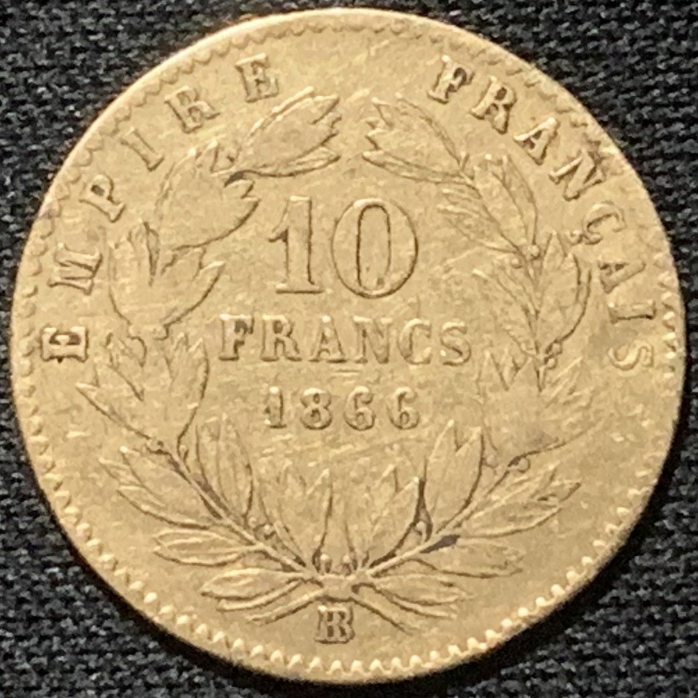 紫瑗钱币——第264期拍卖  法国 1866年 BB版 拿破仑三世 10法郎 3.225克 0.9金