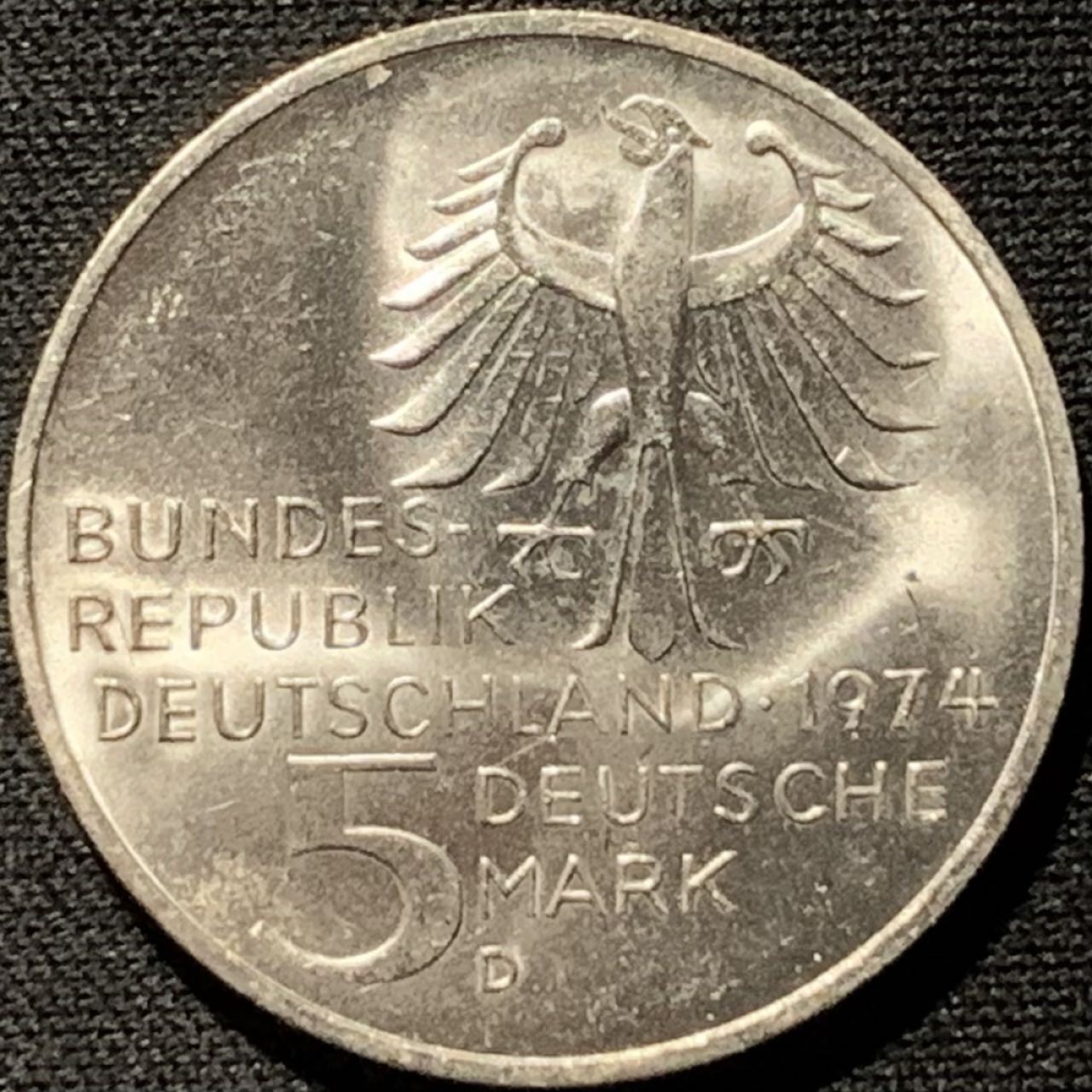 紫瑗钱币——第261期拍卖 联邦德国 1974年 D厂 康德诞辰250周年 5马克 11.2克 0.625银 UNC