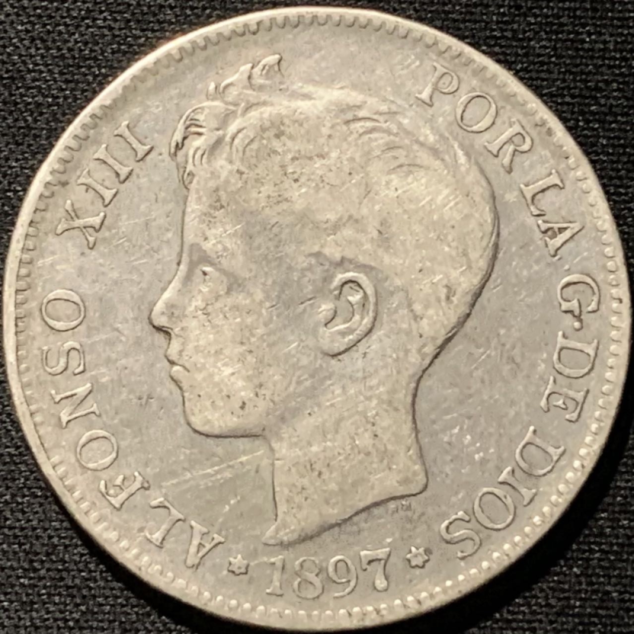 紫瑗钱币——第261期拍卖 西班牙 1897年 阿方索十三世 小孩头 5比塞塔 25克 0.9银