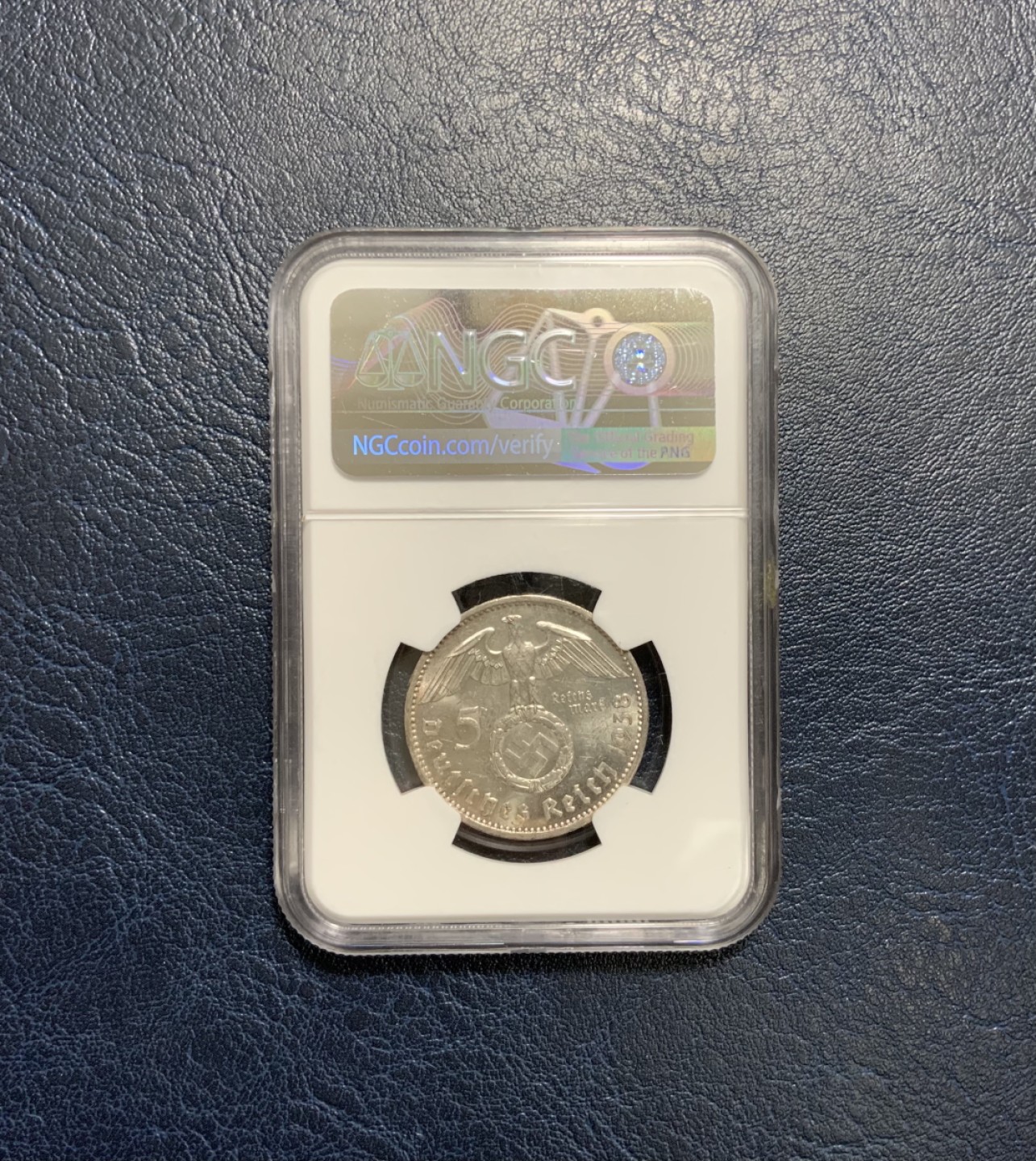 收藏联盟Quantum Auction 第242期拍卖  德国1938年5马克银币 NGC MS63 带有落榜美术生执政时期特殊标记