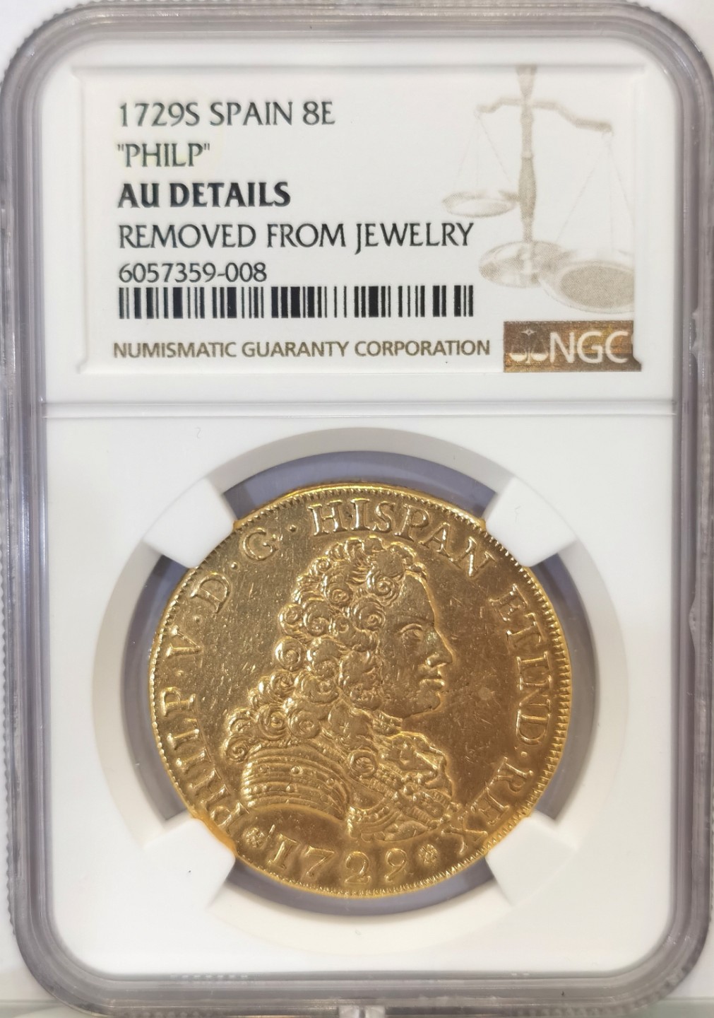 博洋堂“臻选之作”世界钱币精品专场暨第020期（全场包邮） NGC AUD 1729年西班牙腓力五世8E金币 塞维利亚厂人像版8E的第一个年份，错把PHILIP拼成了PHILP，存量稀少，克书价极高，XF价24000刀