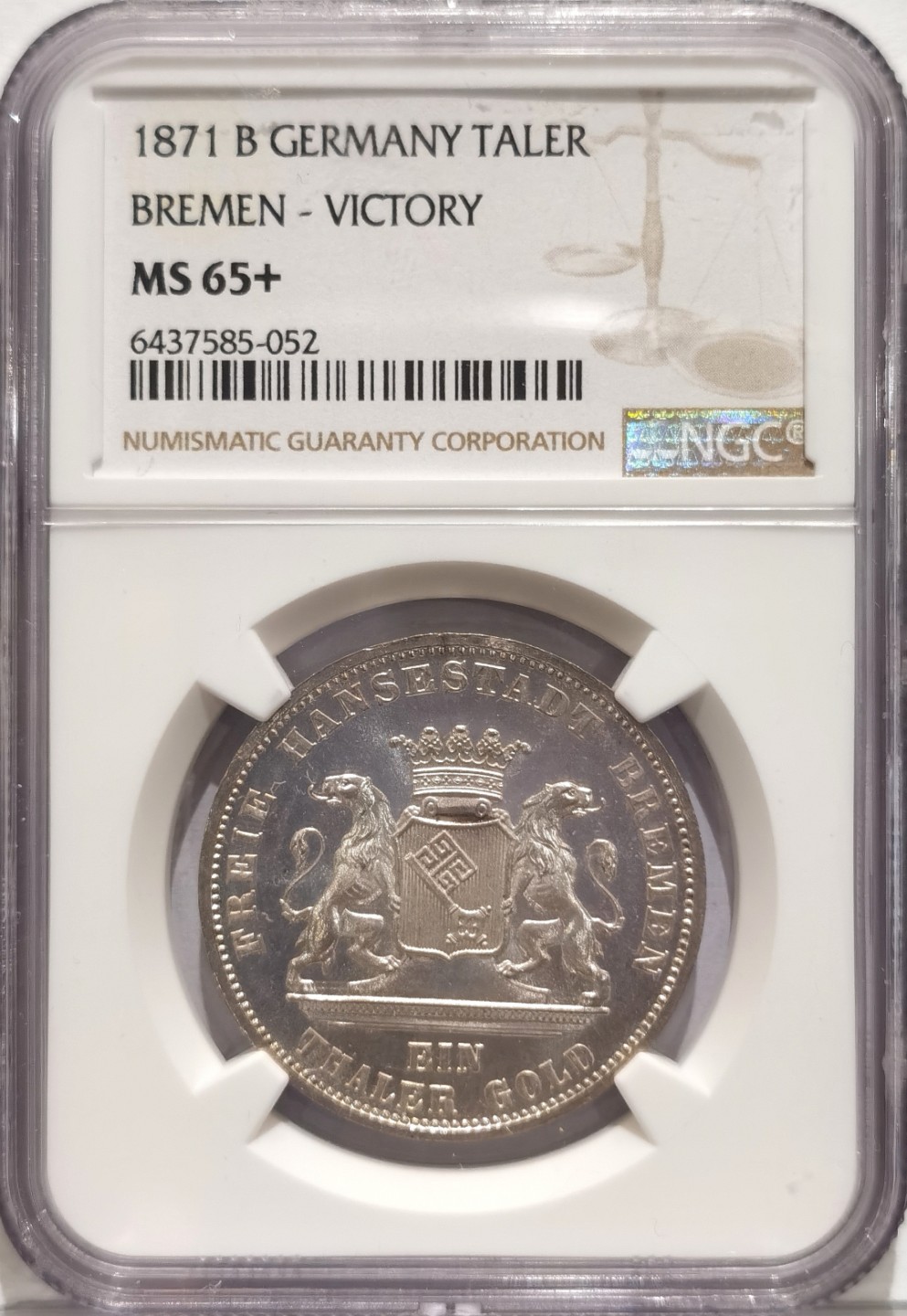 博洋堂“臻选之作”世界钱币精品专场暨第020期（全场包邮） NGC MS65+ 德国不莱梅1871年B版胜利泰勒，珍藏级分数，状态夺目，出厂状态！