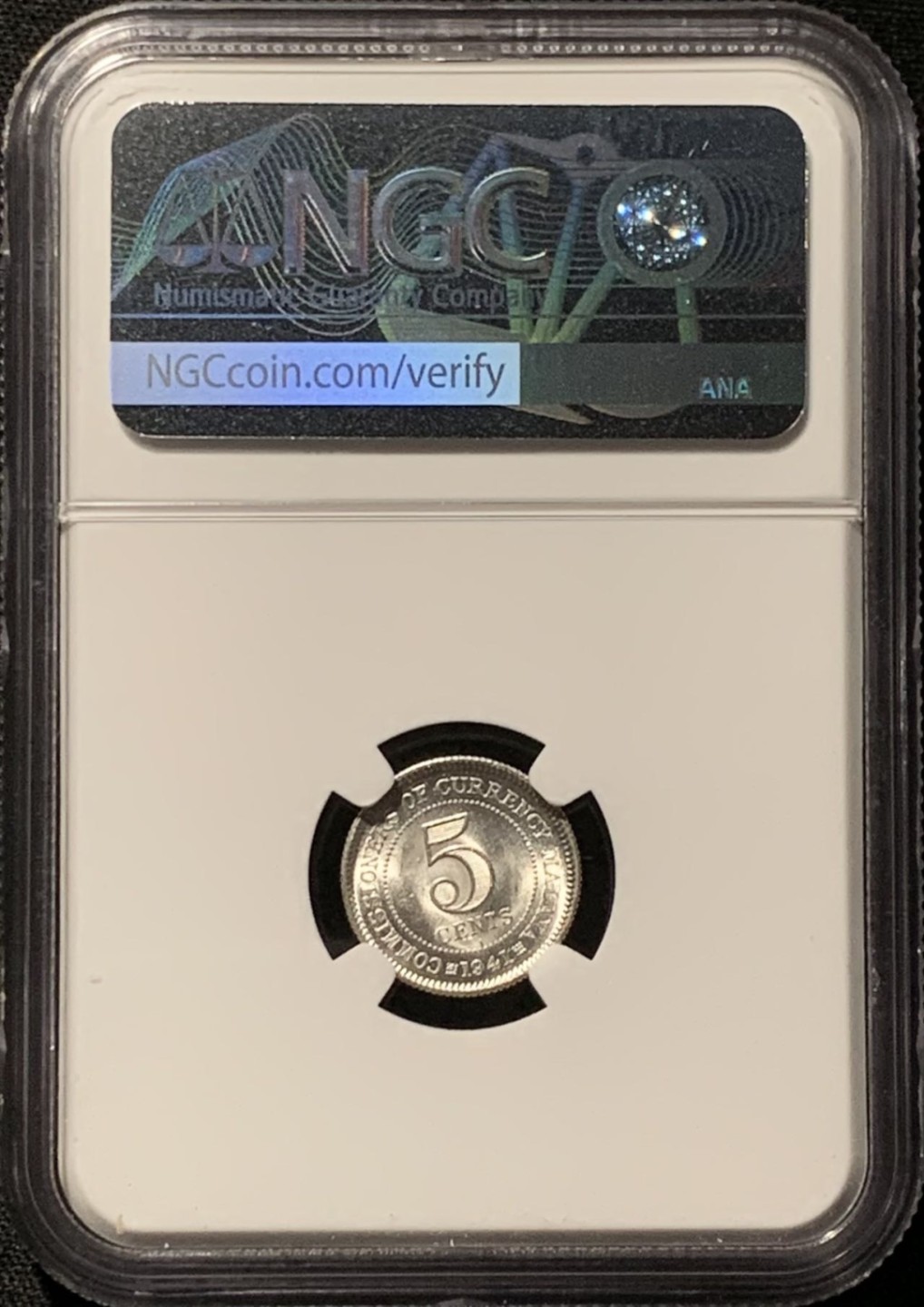 紫瑗钱币——第261期拍卖  马来亚 1941年 i版 乔治六世 5分 银币 NGC MS63