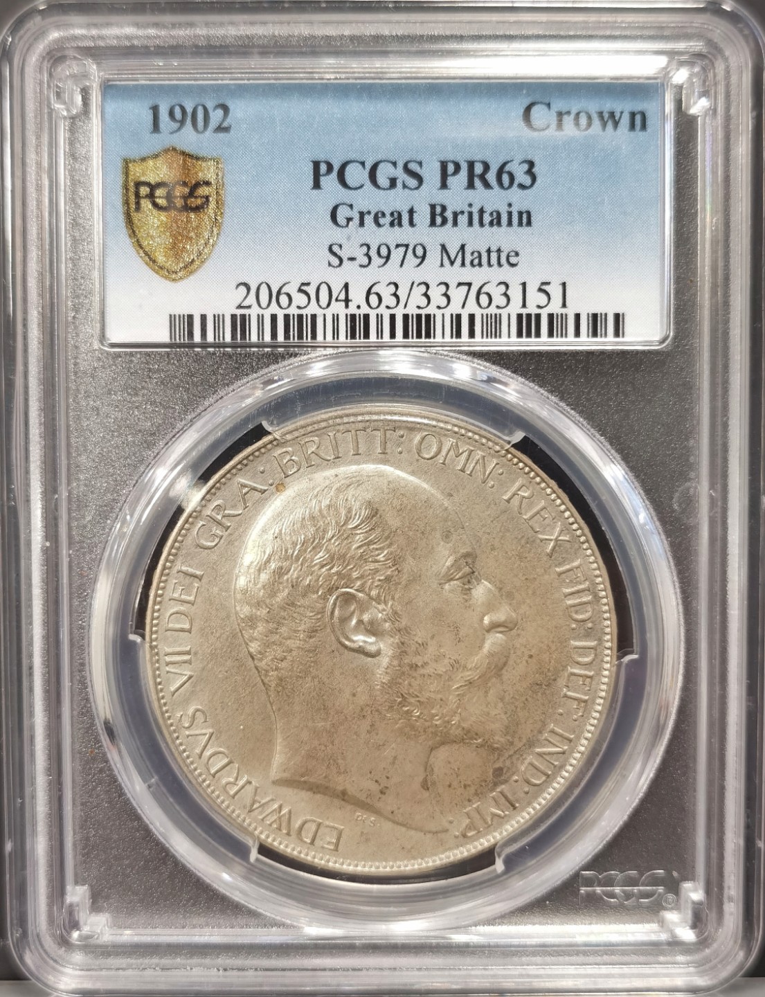 博洋堂“臻选之作”世界钱币精品专场暨第020期（全场包邮） PCGS PR63 英国1902年爱德华七世磨砂精制1克朗 细节出众，轻扫描感，英伦翡翠绿包浆