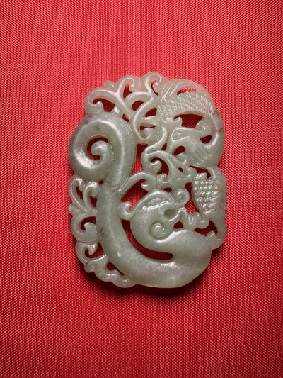玉石翡翠玛瑙｜拍卖专场 - 和田玉厚实双面工镂空龙凤呈祥大坠