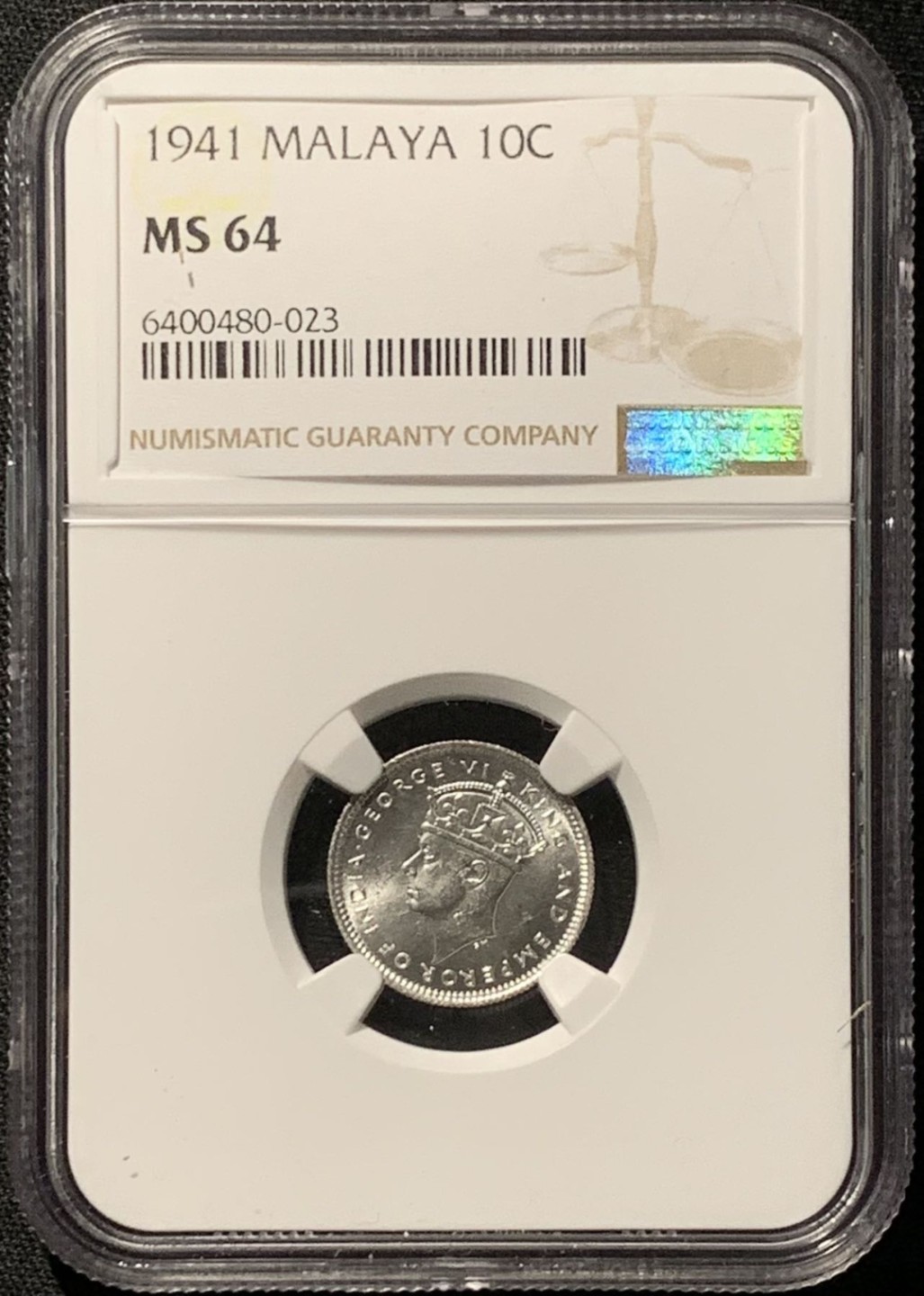 紫瑗钱币——第261期拍卖 马来亚 1941年 乔治六世 10分 银币 NGC MS64