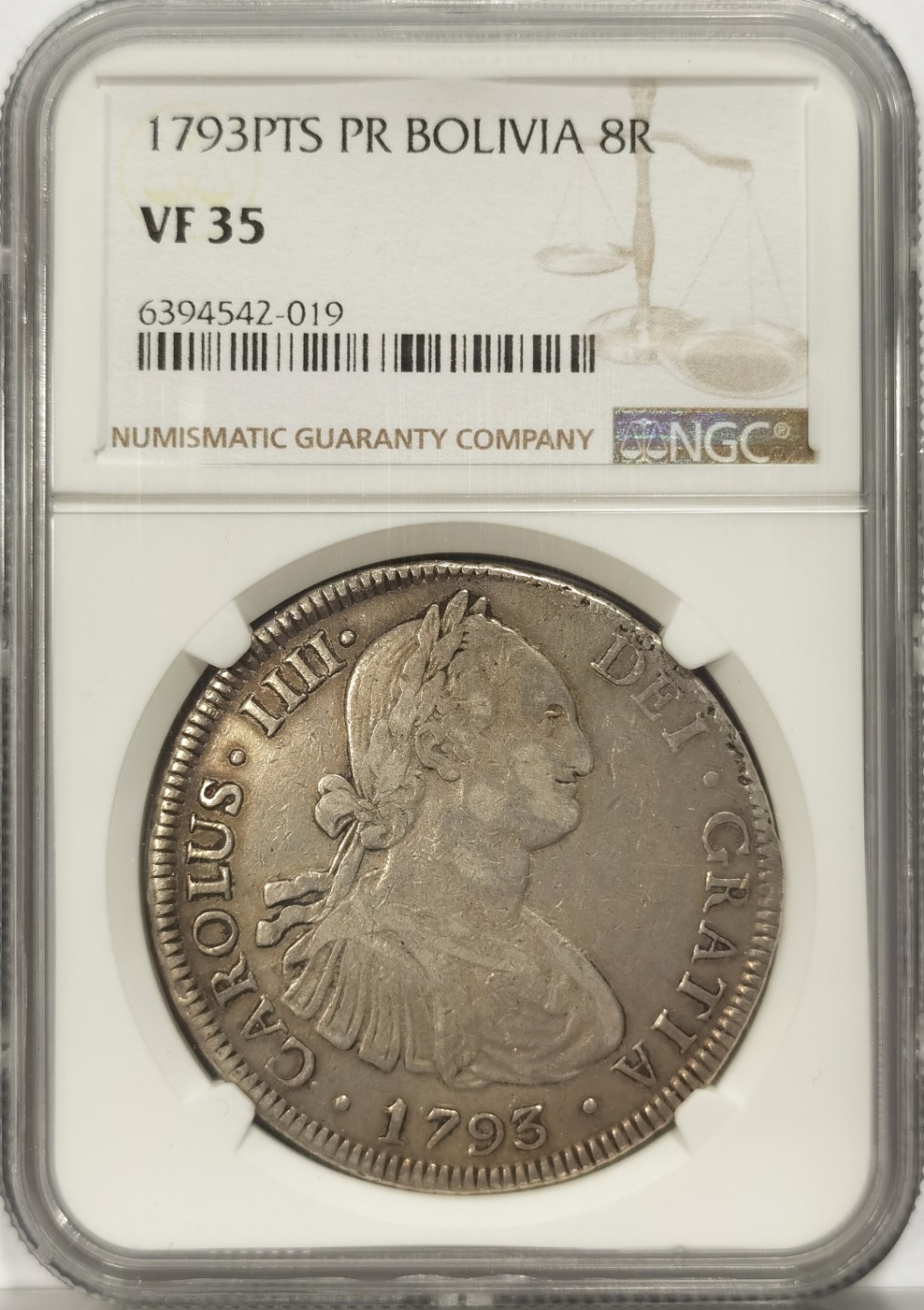 博洋堂“臻选之作”世界钱币精品专场暨第020期（全场包邮） NGC VF35 西属玻利维亚1793年卡四双柱8里亚尔大银币，麦稀奇这么多年唯一有分数的
