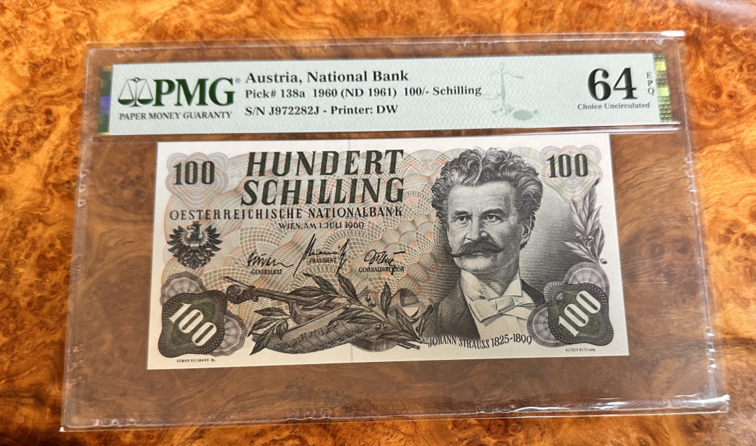 Chase Auction 第20期 - - 外钞、民国钞和人民币混合场！ 1960年奥地利100先令，PMG64e！小约翰斯特劳斯！