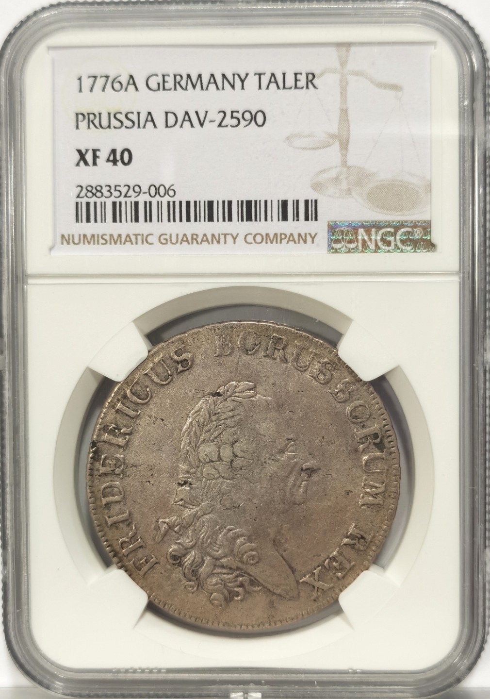 博洋堂“臻选之作”世界钱币精品专场暨第020期（全场包邮） NGC XF40 1776年德国普鲁士弗雷德里克1泰勒大银币，背面老鹰抓着旗帜和大炮，NGC有分数的只有4枚，海外购入