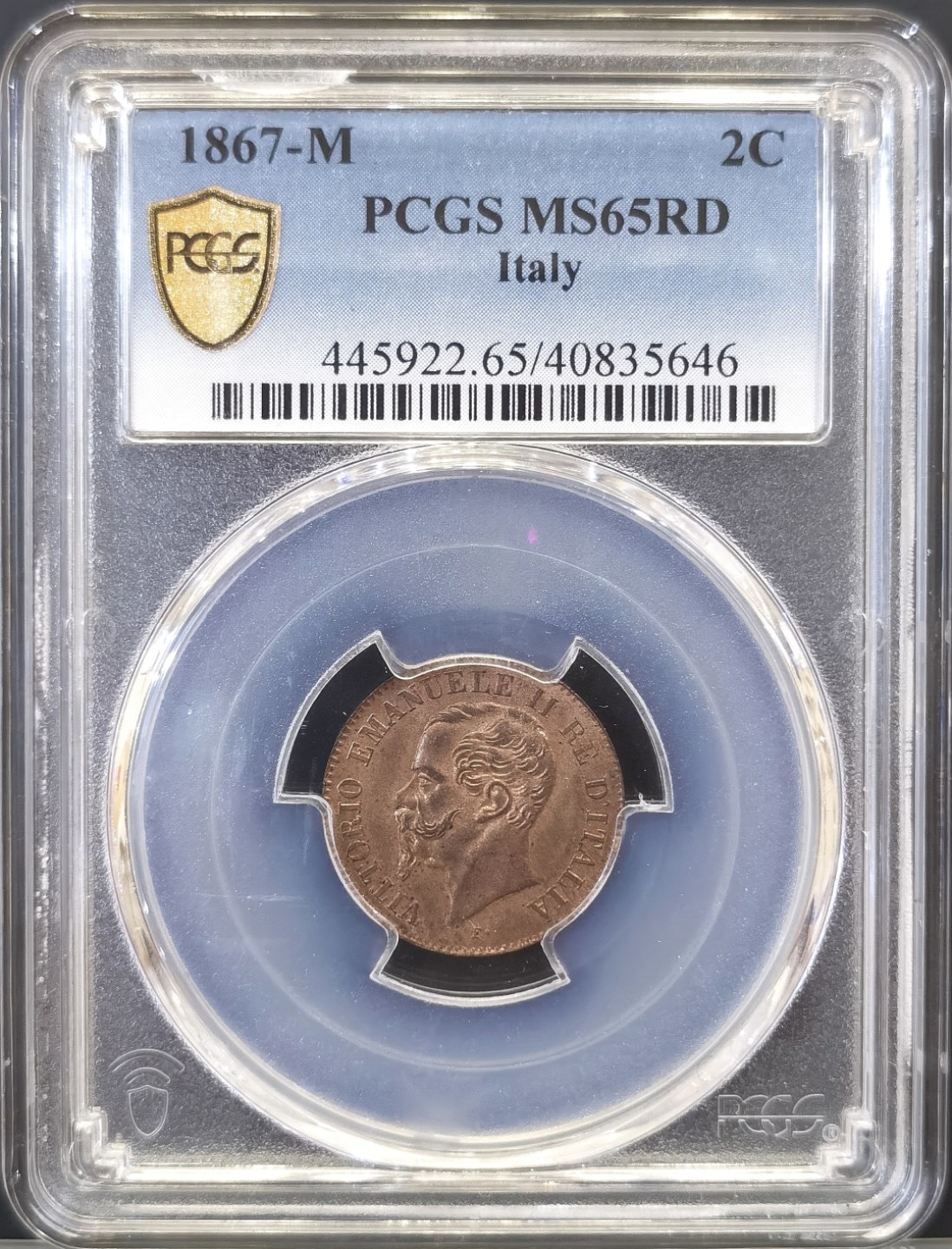 博洋堂“臻选之作”世界钱币精品专场暨第020期（全场包邮） PCGS MS65RD 意大利1867年2分铜币，PCGS加NGC唯一冠军分，同品种XF45BN在EBAY成交价40美元，盒上部有小磕不影响密封