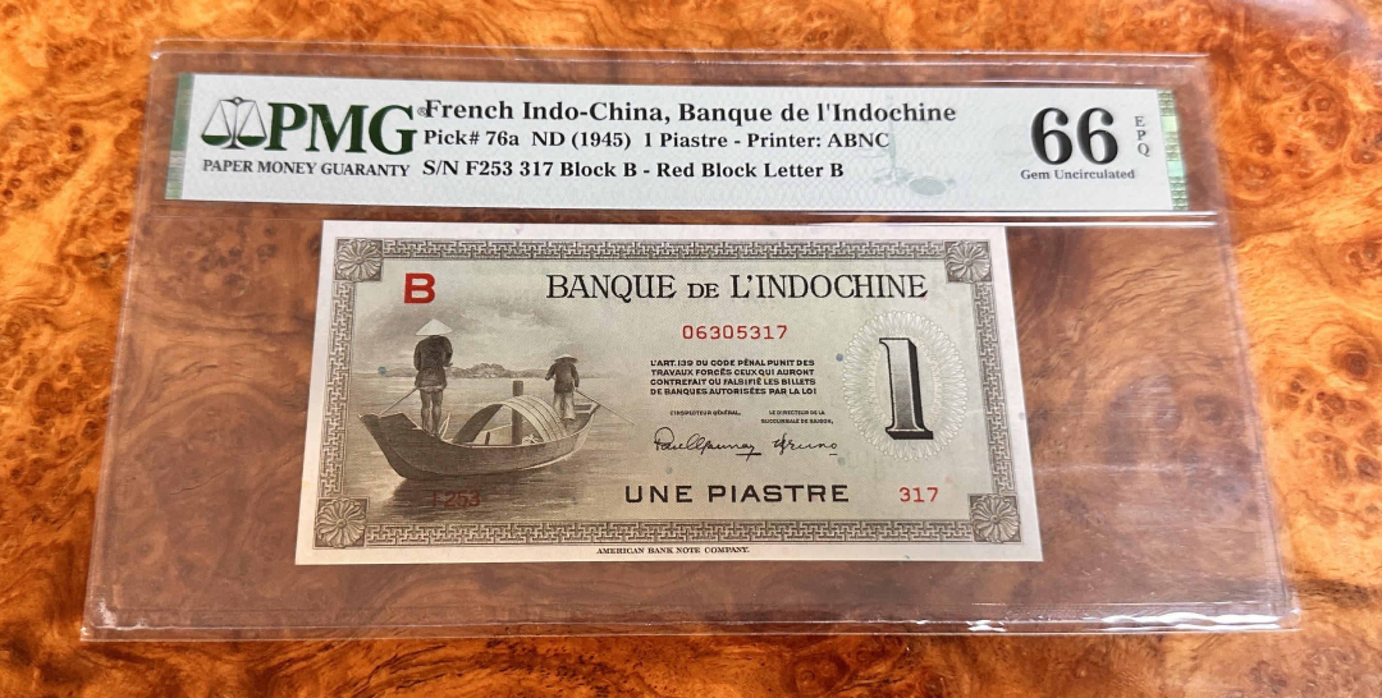 Chase Auction 第20期 - - 外钞、民国钞和人民币混合场！ 1945年法属印度支那1皮，PMG66分！