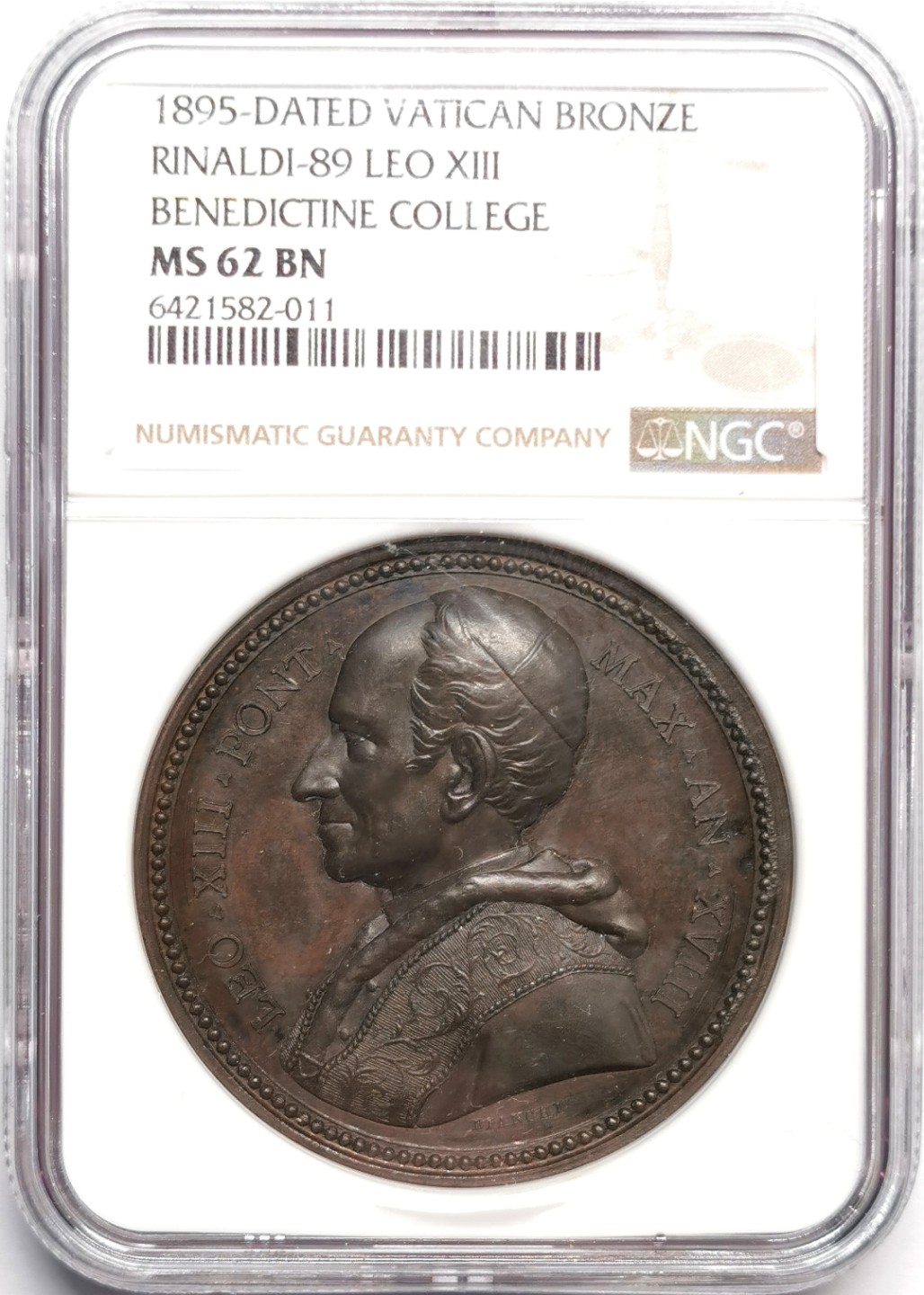 凡希社世界钱币微拍第二百三十三期 1895梵蒂冈教宗里奥十三世本尼狄克学院纪念铜章NGC-MS62