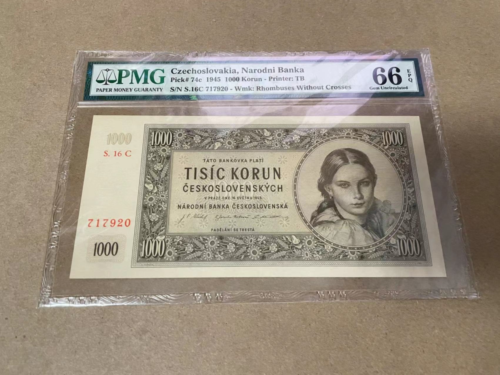 【Blue Auction】✨世界纸币精拍第306期——南越豹子【精】 【实钞】捷斯 1945年1000克朗 PMG66EPQ 