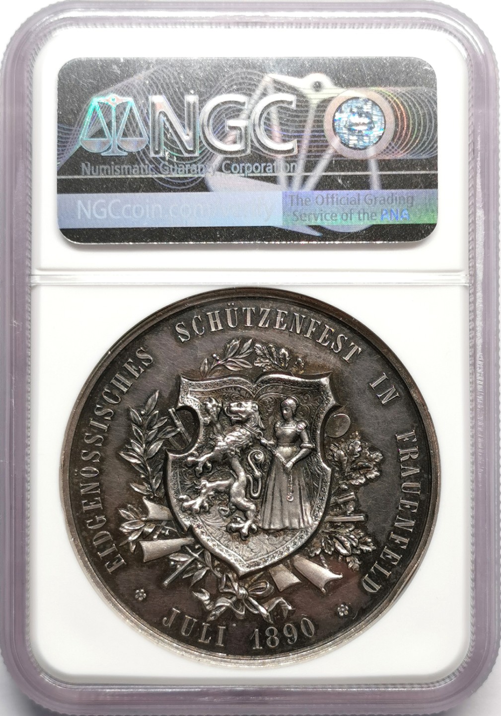 凡希社世界钱币微拍第二百三十三期 1890瑞士图尔高-弗劳恩费尔德射击节纪念银章NGC-MS61