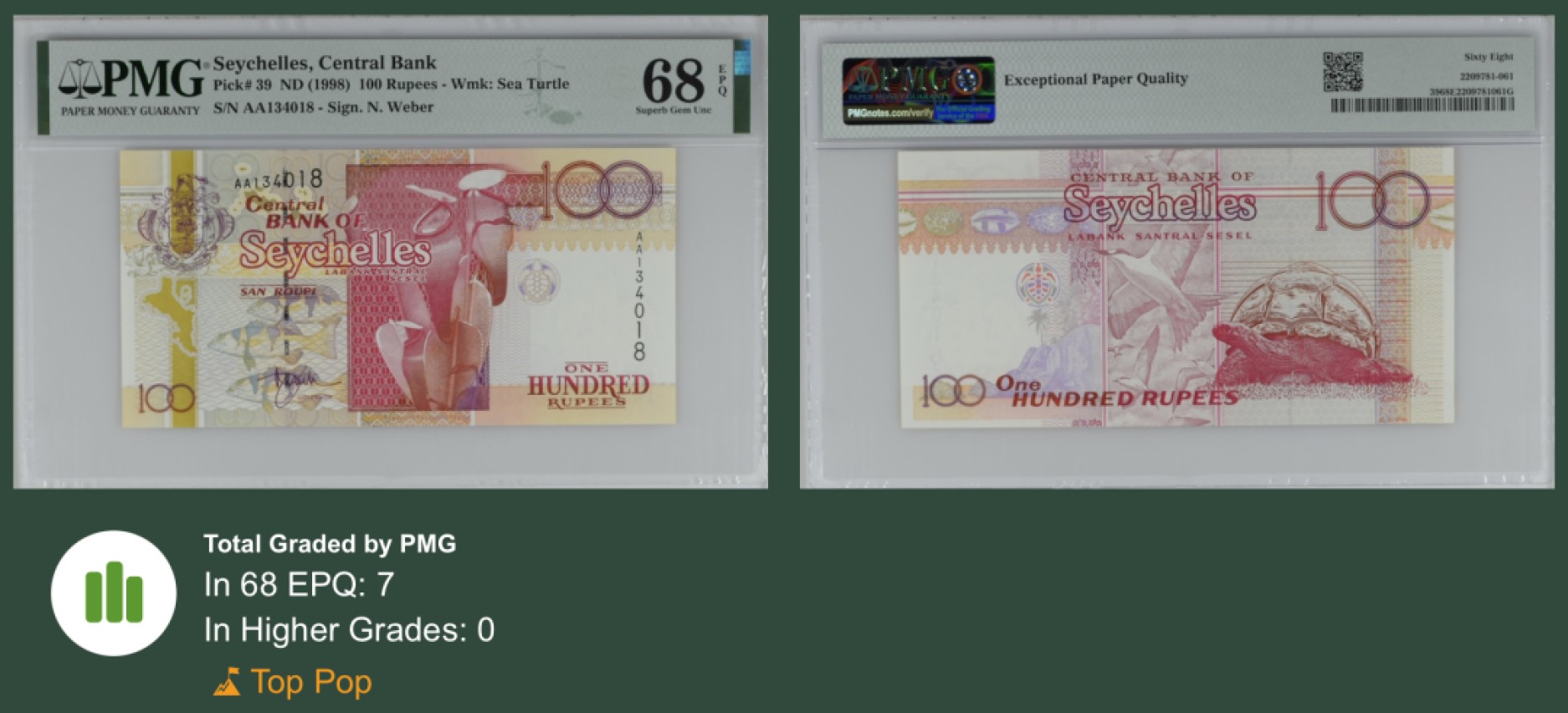 收藏联盟Quantum Auction 第243期拍卖 已更新 塞舌尔1998年100卢比 PMG68 首发AA冠 冠军分 大陆龟