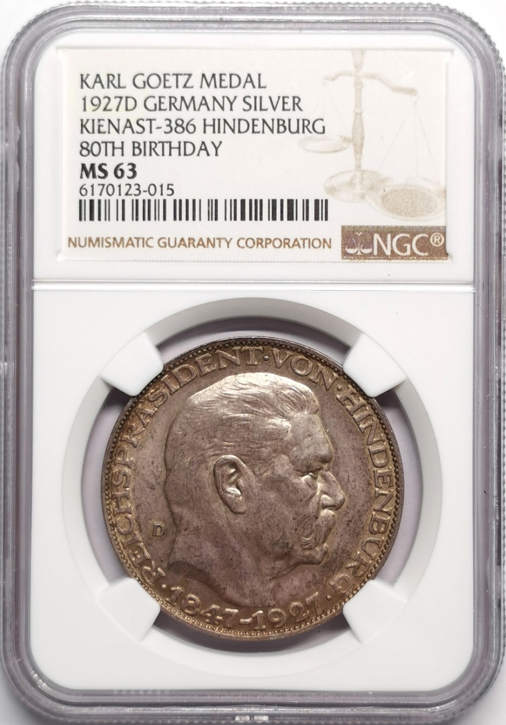凡希社世界钱币微拍第二百三十三期 1927德国兴登堡80大寿纪念银章NGC-MS63