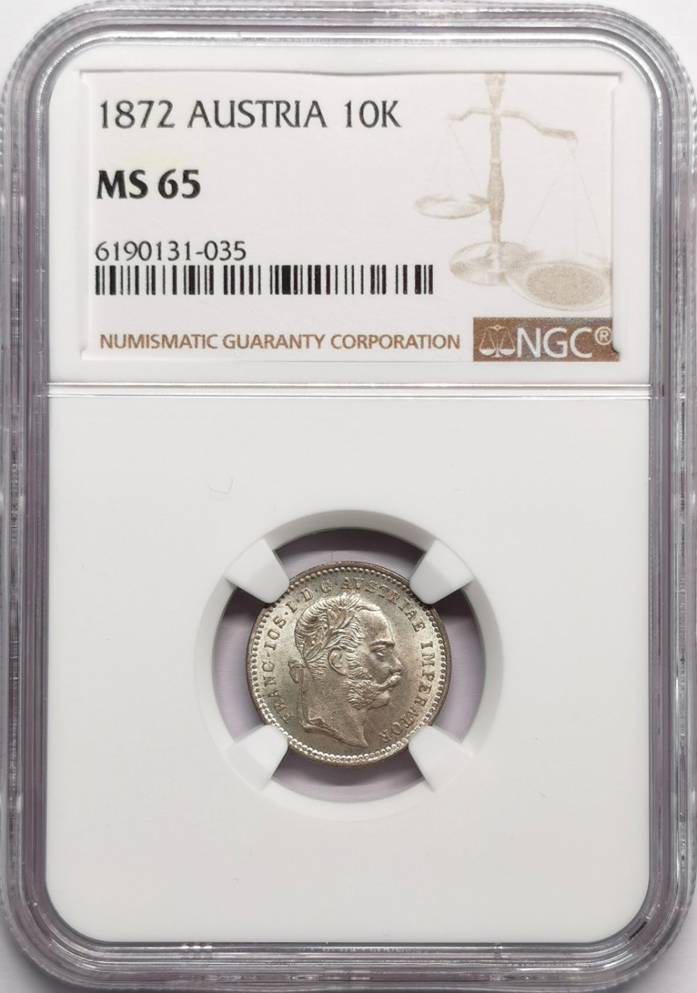 凡希社世界钱币微拍第二百三十三期 1872奥地利10K银辅币NGC-MS65