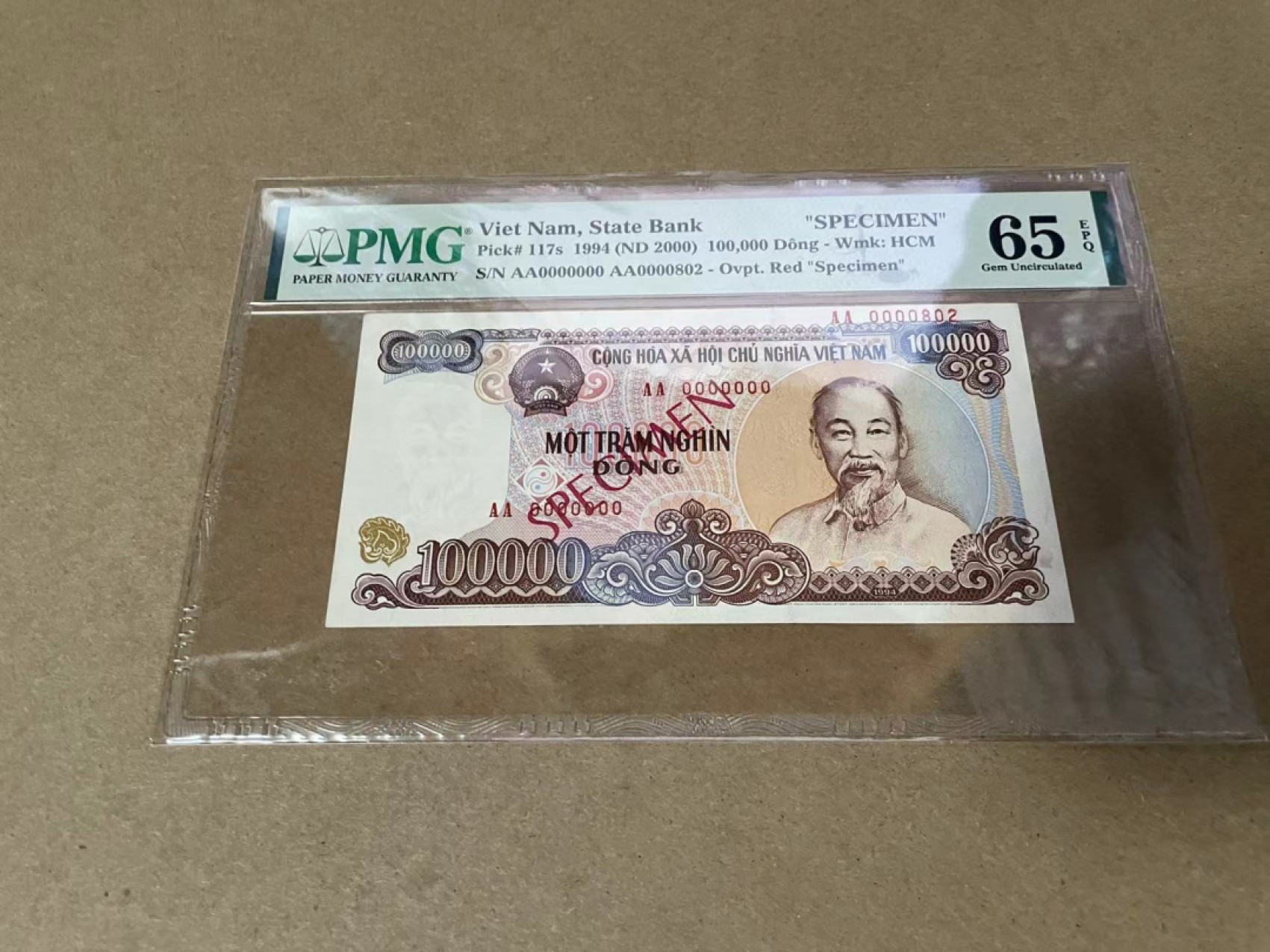 【Blue Auction】✨世界纸币精拍第306期——南越豹子【精】 【样钞】越南 1994年10万盾 PMG65EPQ 