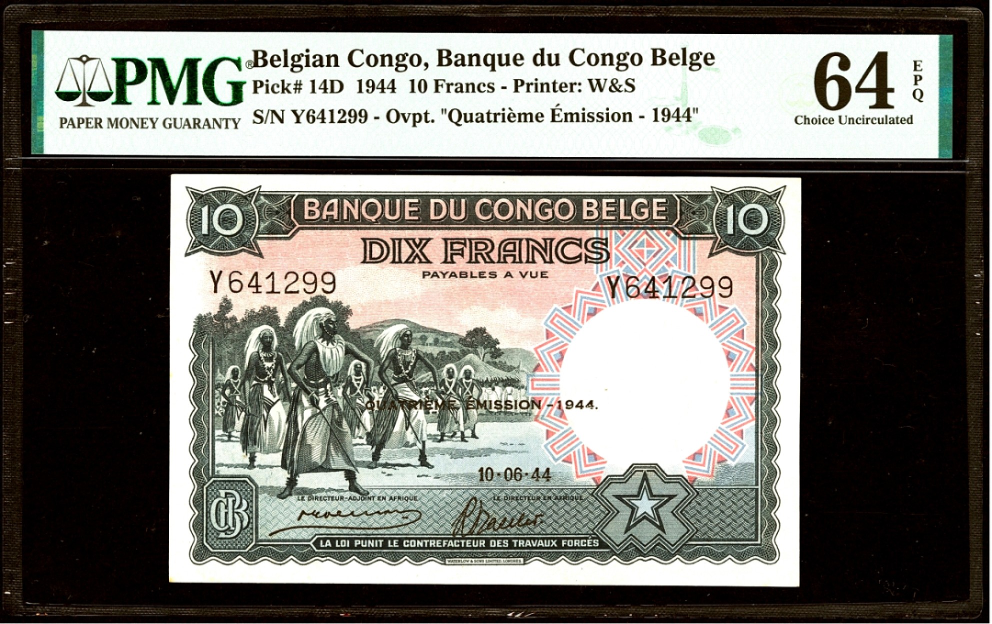 【Blue Auction】✨世界纸币精拍第306期——南越豹子【精】 【冠军分 仅2张 非常少见】比属刚果 正面卢旺达瓦图西舞者 背面比属刚果公共力量（Force Publique）士兵，摄于1918年，在公共力量的巅峰时期，共有420名白人军官领导19000名士兵 PMG64EPQ 全新原票高分少见 极具当地特色 